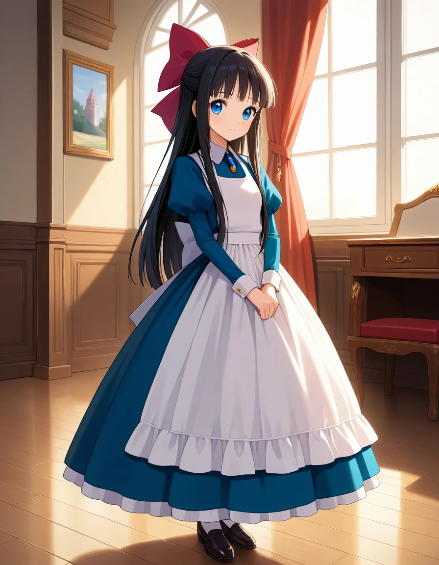 elegant room, victorian interior, antique furniture, large windows, warm light, curtain fluttering, classic atmosphere, aristocratic ambiance, wooden floor, nostalgic mood,1girl,<lora:Aya_Drevis(Mad_Father):1>,aya_def,black hair,red hair bow,long hair,blue eyes, aya_cos,bow,dress,apron,juliet sleeves,long sleeves,puffy sleeves,blue dress,ribbon,white apron, masterpiece, best quality, amazing quality, newest