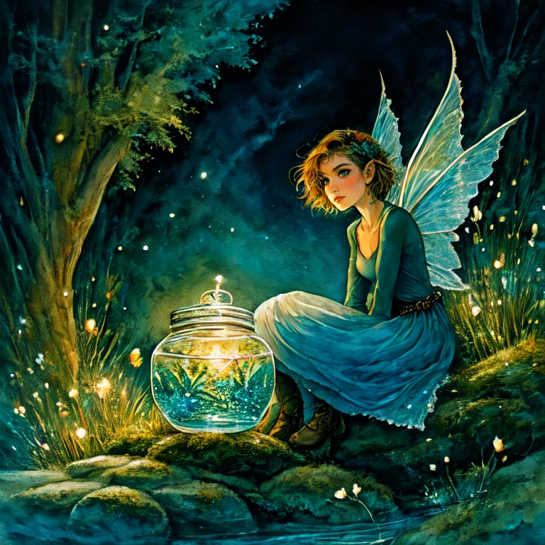 <lora:DarkGhibliMJ7SD1:1> Studio Ghibli Dark Fairytale, The image is an illustration of a fairy sitting on a rock with a large glass jar in front of her. The fairy has blonde hair and is wearing a blue dress with white wings. She is looking at the jar with a peaceful expression on her face. The jar is filled with green leaves and there is a small stream of water flowing from it. The background is dark and there are trees and bushes surrounding the fairy. The overall mood of the image is serene and peaceful., 1girl, solo, wings, fairy, pointy ears, short hair, traditional media, blonde hair, fairy wings, night