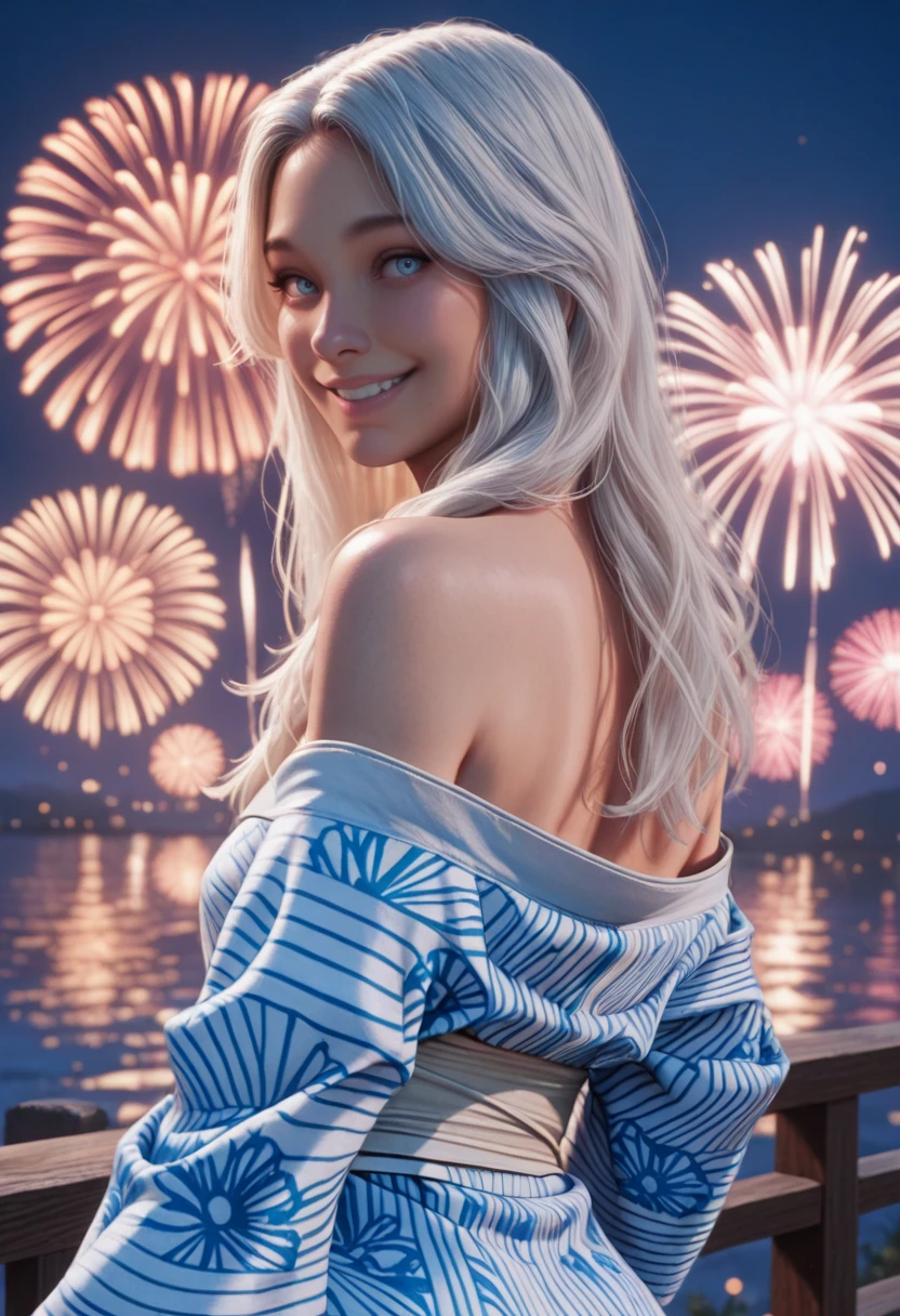 masterpiece, very aesthetic, best quality, absurdres, newest, realistic,
<lora:ILE3Maelle:1.0>
E3Maelle, 1girl, white hair, long hair, blue eyes, looking at viewer,smile, looking back, japanese clothes, bare shoulders, outdoors, night, fireworks
