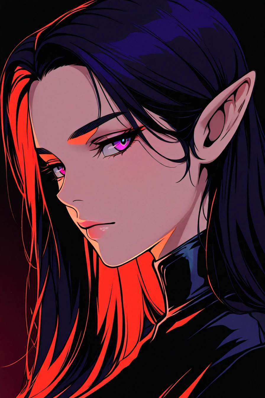 1girl, solo, alone, elf, pointy ears, portrait, <lora:neo_noir_melancholic_style_illustriousXL:1>, neo_noir_melancholic, masterpiece, highres