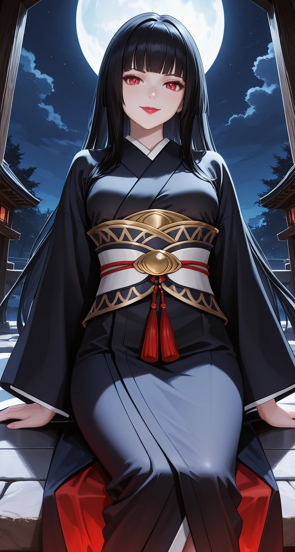 (GlassSH, long hair, bangs, black hair, blunt bangs, hime cut, red eyes, slit pupils, bright pupils, breasts,),
japanese clothes, wide sleeves, kimono, sash, obi, black kimono, lipstick,
,
looking at viewer, smile, velvet skin,
chapel, outdoors, night, moonlight, seductive body, standing up,
complex composition, detailed eyes, detailed body, ultra detailed, masterpiece, best quality, amazing quality, very aesthetic, realistic, photorealistic,