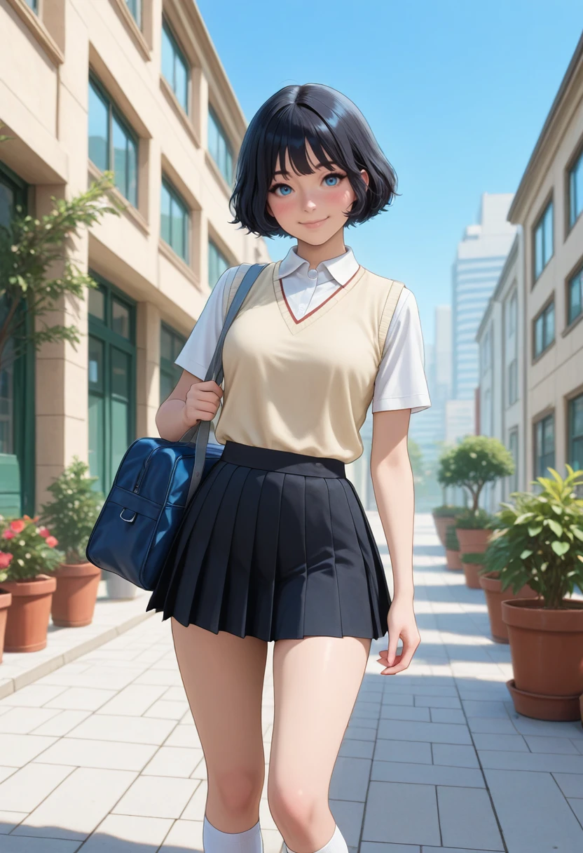 masterpiece, very aesthetic, best quality, absurdres, newest,
<lora:ILE3Sophie:1.0>
E3Sophie, 1girl, short hair, black hair, blue eyes, looking at viewer, pleated skirt, outdoors, school uniform, smile, school bag, white socks, white shirt, short sleeves, day, black skirt, kneehighs, closed mouth, standing, building, blush, blue sky, sweater vest, collared shirt, potted plant, miniskirt, looking to the side
