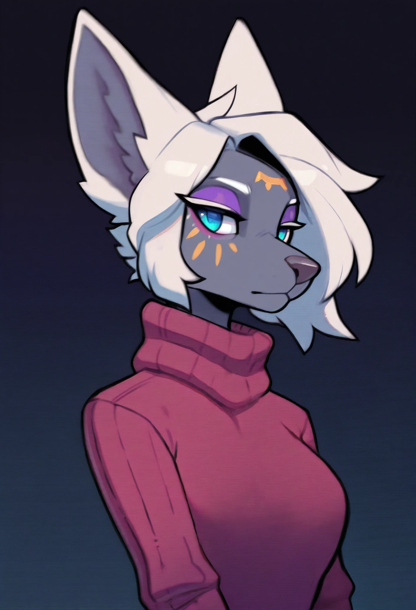 1girl, solo, portrait, sweater, pointy ears, long sleeves,
furry female, animal ears, animal nose, white hair, short hair, blue eyes, grey fur, facial mark, purple eyeshadow,
masterpiece, best quality, <lora:mineru_(zelda)-guy90-Illust-LoraV103:1>, urenim