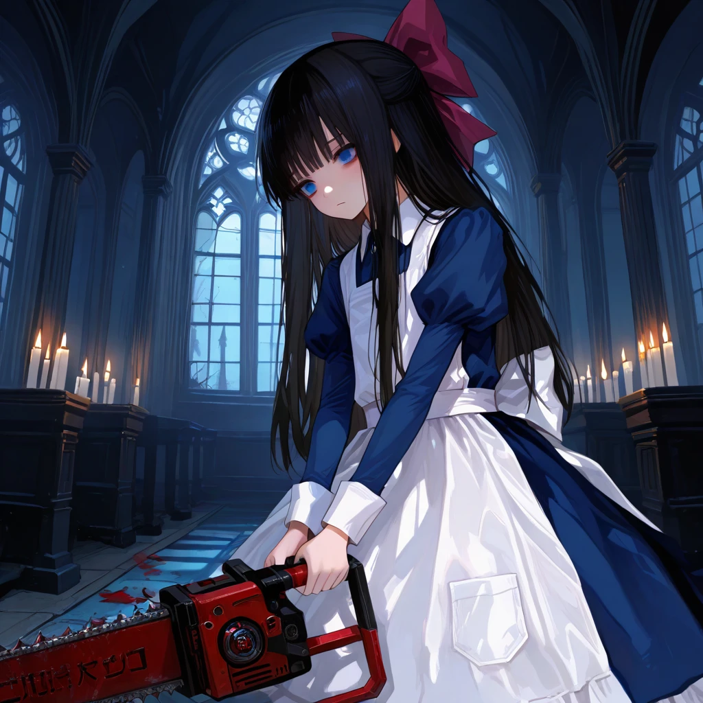 a young girl holding a blood-stained chainsaw, expressionless face, dimly lit haunted mansion, eerie candlelight, dark gothic architecture, broken furniture, crimson splashes, unsettling silence, horror-themed composition, cinematic lighting, soft ambient fog, dramatic shadows,1girl,<lora:Aya_Drevis(Mad_Father):1>,aya_def,black hair,red hair bow,long hair,blue eyes, aya_cos,bow,dress,apron,juliet sleeves,long sleeves,puffy sleeves,blue dress,ribbon,white apron,, masterpiece, best quality, amazing quality, newest, <lora:748cmSDXL:1>,748cmstyle