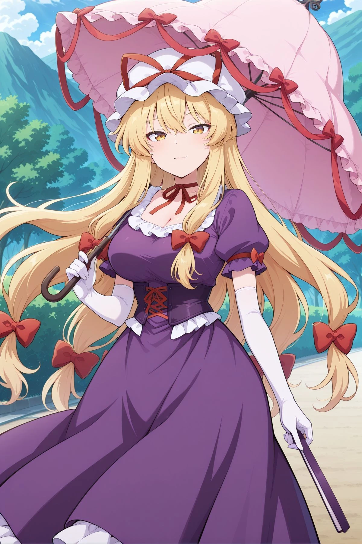 absurdres, highres, masterpiece, best quality, amazing quality, official anime artwork, screencap, anime screencap, outdoors, looking at viewer, light smile, dynamic pose, standing,
<lora:Yukari-Yakumo_IllustriousV2:1> yakumo yukari, 1girl, solo, yellow eyes, blonde hair, long hair, sidelocks,, mob cap, white headwear, hat ribbon, red ribbon, hair bow, red bow, neck ribbon, purple dress, puffy short sleeves, frilled dress, elbow gloves, white gloves, holding umbrella, pink umbrella, holding fan, hand fan, folded fan,