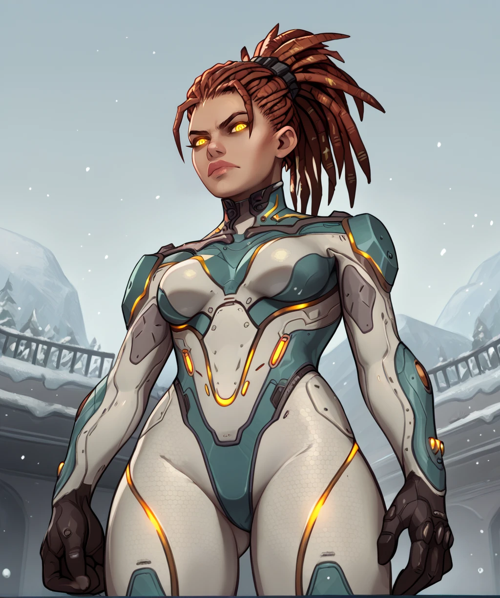 score_9, score_8_up, score_7_up, score_6_up, score_5_up, score_4_up,
kerriganxl, dreadlocks, ponytail, yellow eyes, glowing eyes,
armor, white bodysuit, gloves,
yellow trim, hip, from below, looking at viewer, serious,
science fiction, outdoors, winter, solo,
<lora:sarahkerriganxl-12v6v2:0.9>,