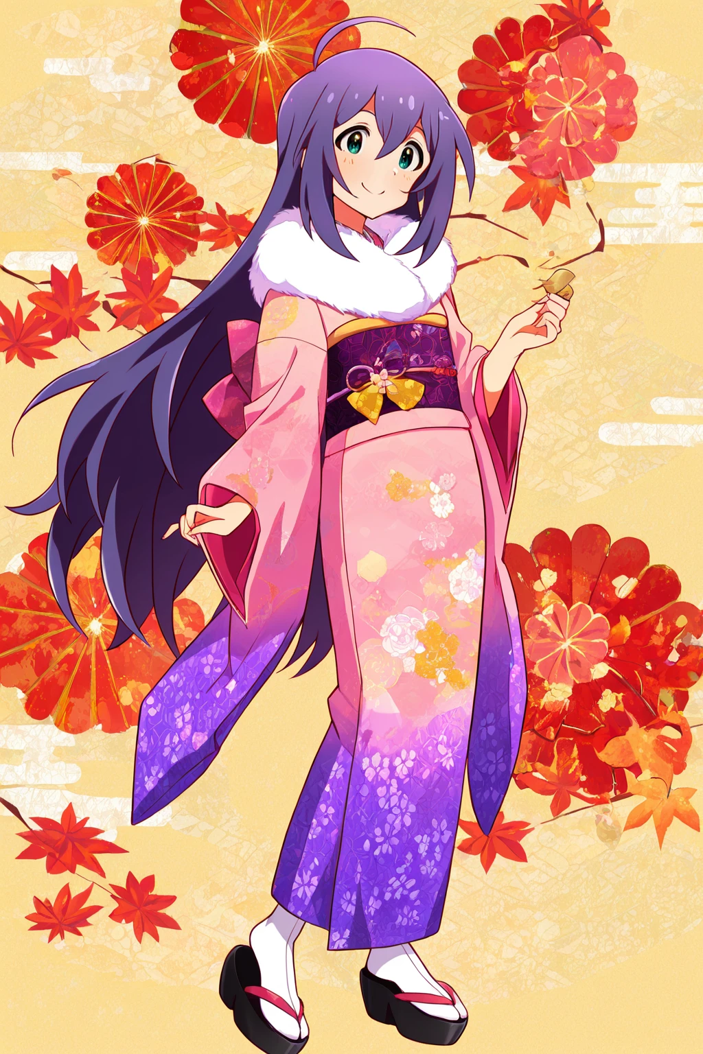 masterpiece,best quality,very aesthetic,absurdres,highres,newest,official art,official style,
1girl,solo,
mochizuki anna,purple hair,green eyes,ahoge,
japanese clothes,obi,obijime,obiage,kimono,fur-trimmed kimono,fur trim,<lora:eye_focus_illus:1>,eye_focus,
standing,full body,
<lora:idolmaster_mochizuki_anna_ill_v1.0:1>,
