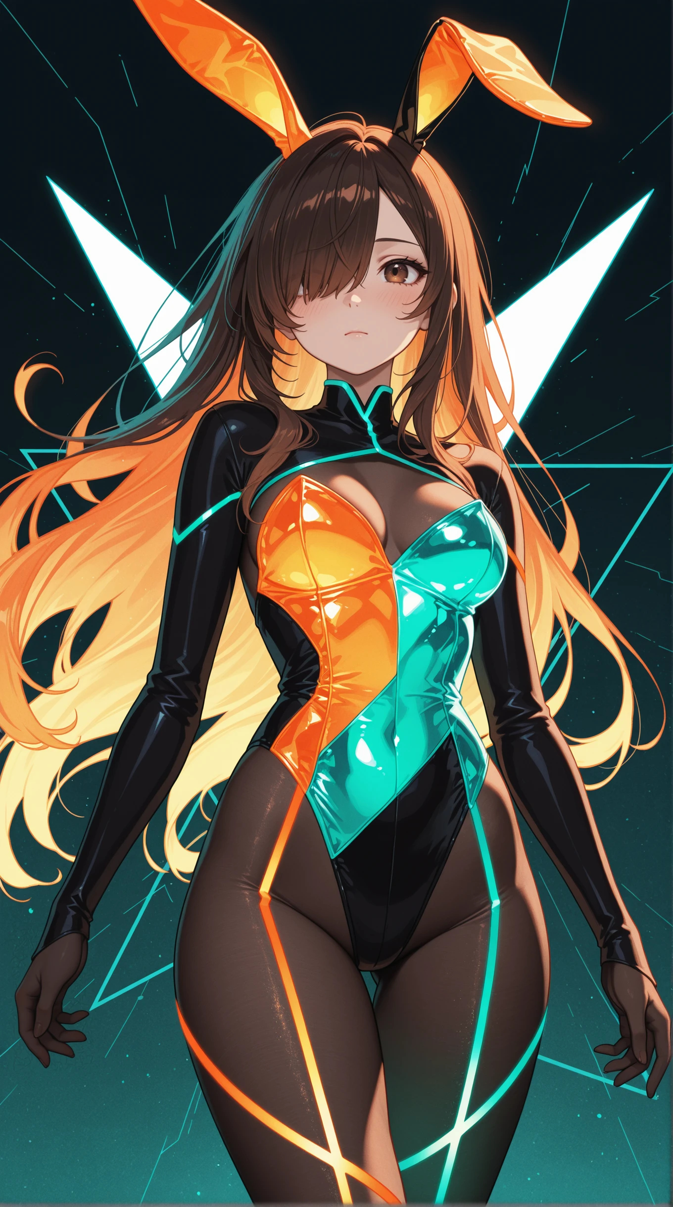 masterpiece, detailed_eyes, high_quality, best_quality, highres, absurdres, 8k, woman, long hair, brown eyes, stylized outfit, orange and teal lighting, split color background, chromatic aberration, vivid neon glow, angular shadow shapes, soft blush, walking motion, bunny ears, hair over one eye, glass texture overlay, vibrant color scheme, diagonal_angle
