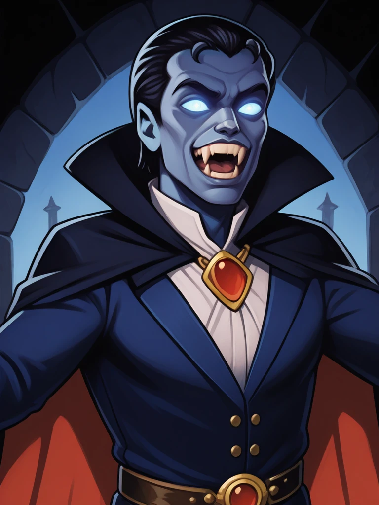 <lora:Strahd:0.7>
strahd,,male,,dark hair,fangs, colored skin, blue skin, glowing eyes,, cape,,
brooding, in a castle,