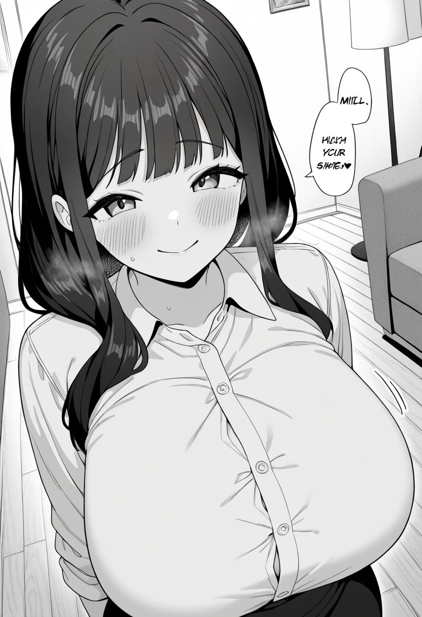 anime girl sitting at a table with her hands folded over her shoulder, cool shading, detailed manga style, black and white manga panel, simple shading, female protagonist 👀 :8, holding a sword on her shoulder, anime shading), roguish smirk, black and white manga style, black and white manga page, striking manga artstyle, teasing smile, 1girl, uzakitsuki, grey hair, hair between eyes, hair over shoulder, closed eyes, mature female, large breasts,