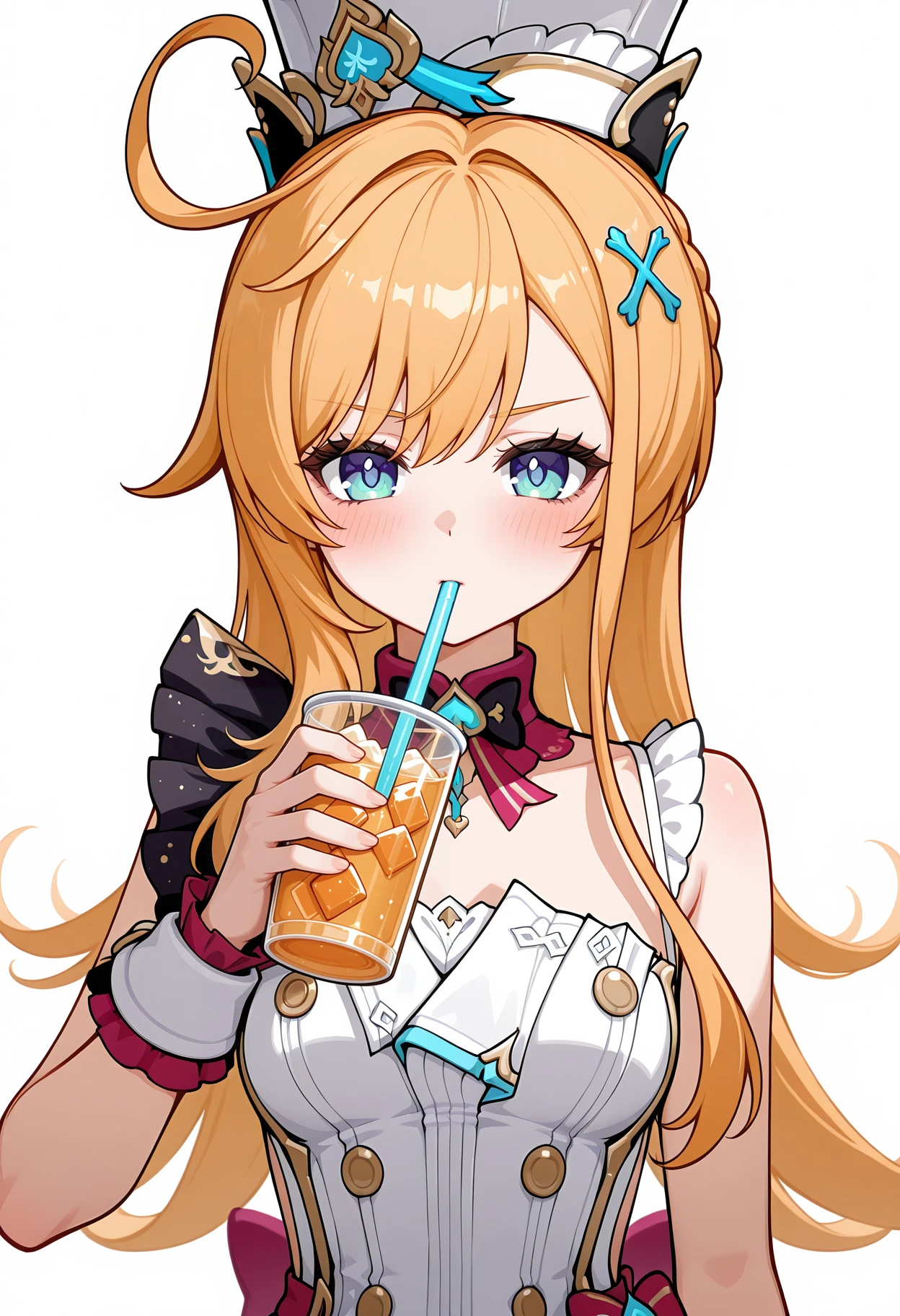 <lora:escoffier_illustrious-v1.3 (20):1>,
escoffier \(genshin_impact\),solo,simple background,drinking straw,dress,cup,white background,hat,drinking,upper body,holding cup,ice cube,looking at viewer,buttons,sleeveless dress,blush,drink,hair ornament,white dress