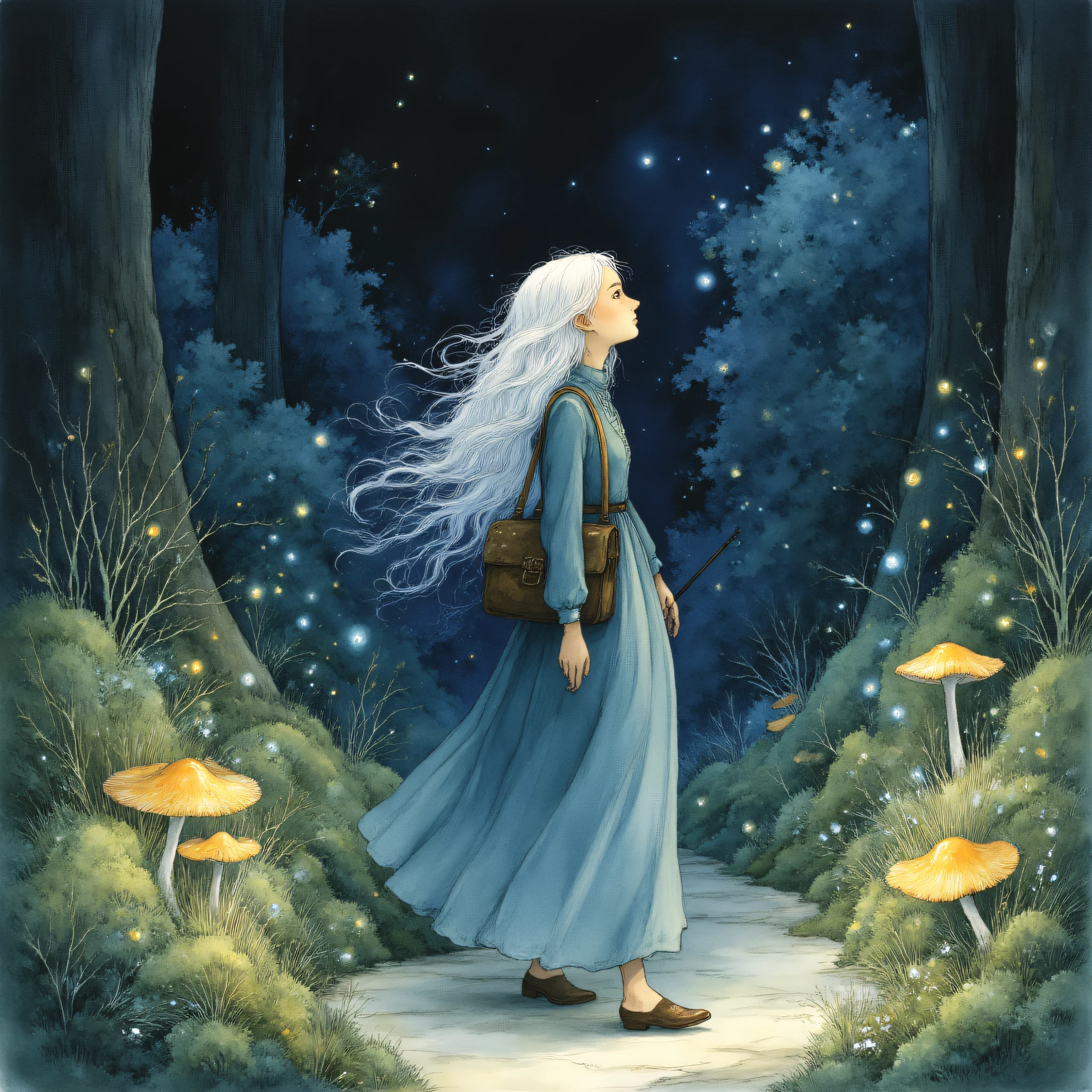 Studio Ghibli Dark Fairytale, The image is a digital illustration of a young girl walking through a forest at night. She is wearing a long blue dress and has long white hair that is flowing in the wind. The girl is holding a wand in her right hand and a book in her left hand. She appears to be walking on a path that winds through the forest. The background is filled with tall trees and bushes and there are small yellow mushrooms scattered throughout the scene. The sky is dark and filled with stars creating a magical atmosphere. The overall mood of the image is peaceful and serene., 1girl, mushroom, bag, white hair, long hair, solo, bug, dress, fireflies, outdoors