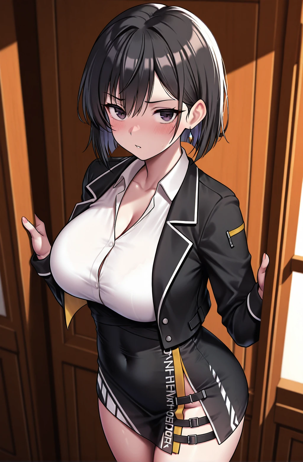 masterpiece,best quality,amazing quality,
<lora:KanaNebelWorkingV1-IXL:1> 1girl,nebelgeisterjager uniform,open black jacket,white collared shirt,black skirt