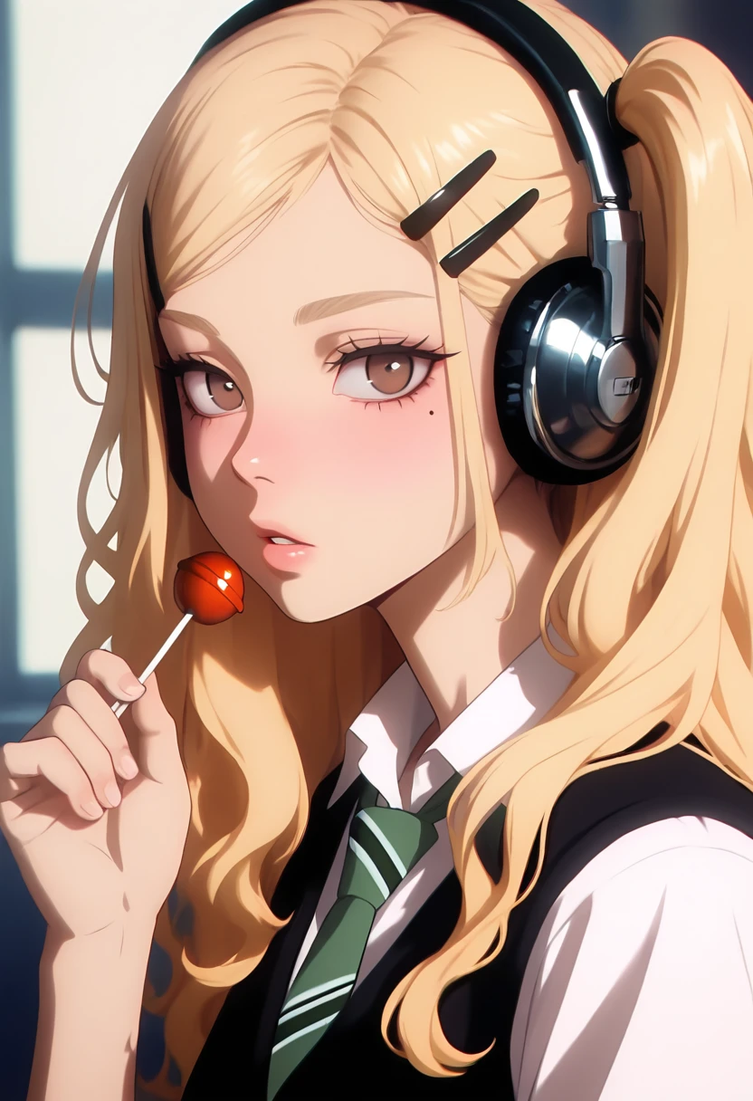 masterpiece, best quality, amazing quality, LDSCH, aesthetic, 1girl, solo, long hair, looking at viewer, shirt, blonde hair, hair ornament, holding, twintails, brown eyes, school uniform, white shirt, upper body, parted lips, food, necktie, collared shirt, hairclip, hand up, mole, vest, from side, eyelashes, lips, mole under eye, one side up, wavy hair, headphones, holding food, portrait, candy, black vest, lollipop, nose, green necktie, holding candy, holding lollipop
