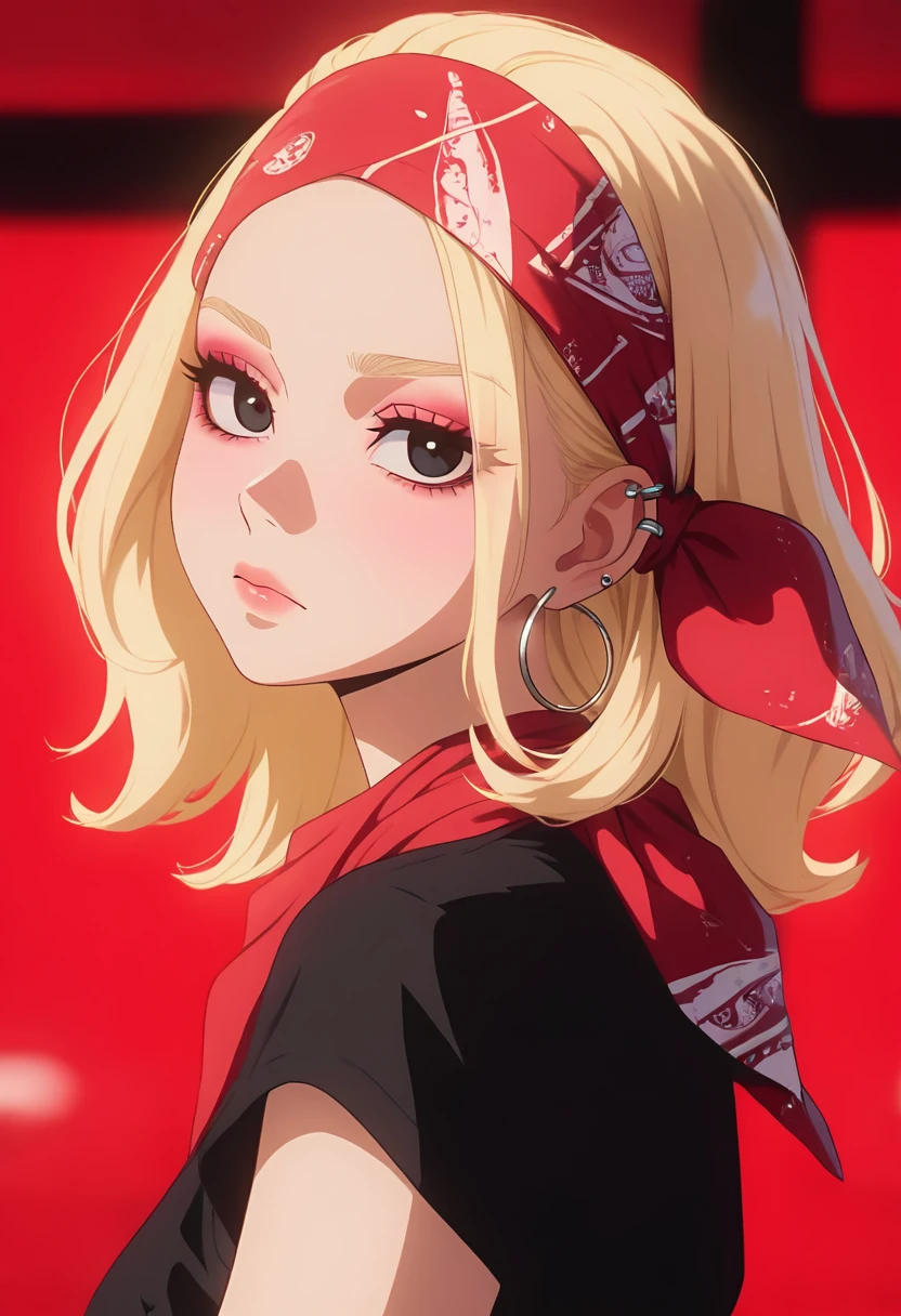 masterpiece, best quality, amazing quality, LDSCH, aesthetic, 1girl, solo, looking at viewer, shirt, blonde hair, closed mouth, jewelry, upper body, short sleeves, earrings, hairband, medium hair, blurry, black eyes, from side, black shirt, looking to the side, eyelashes, lips, blurry background, makeup, piercing, portrait, ear piercing, red background, hoop earrings, red hairband, bandana, red bandana