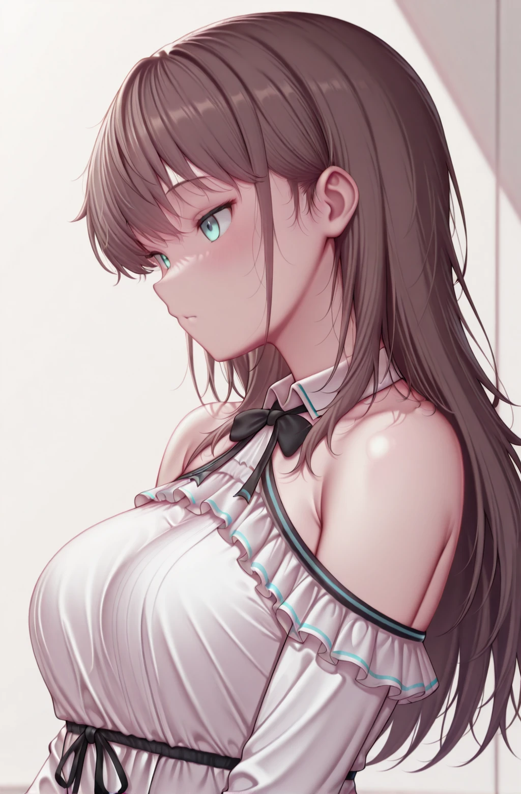 masterpiece,best quality,amazing quality,
1girl,nebelkanacasual frilled dress,bare shoulders, detached collar, <lora:KanaNebelCausalRebornV1-IXL:1> <lora:Kashiwazakikana-OnlyCharV3-IXL:1>,Kashiwazakikana,brown hair,aqua eyes,from side,portrait,