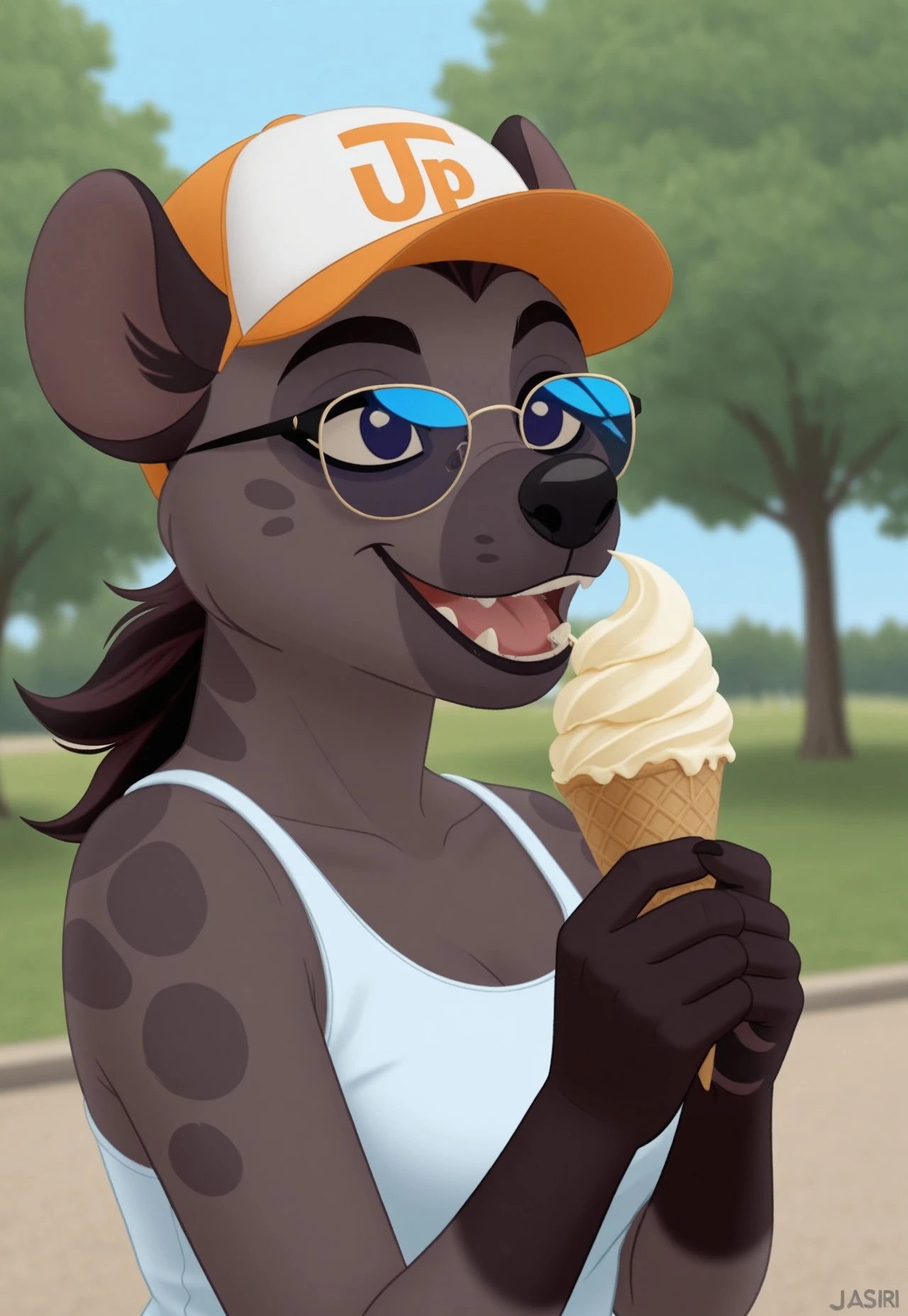 score_9, score_8_up, score_7_up, 4k,
Jasiri, anthro, furry, hyena, female, solo, upper body, outdoors, park, summer, smiling, eating ice cream, wearing summer outfit, sunglasses, baseball cap