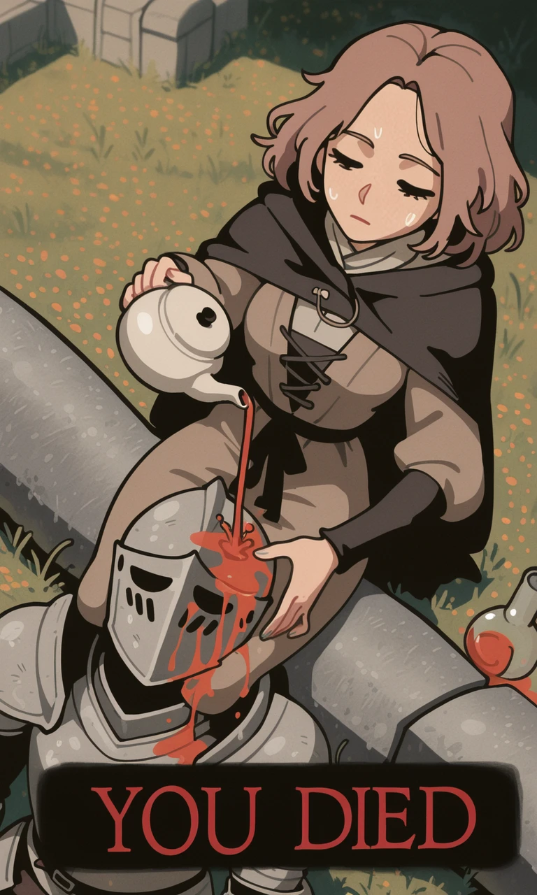embedding:IllusP0s, you died, wwafr, 1girl, melina_\(elden ring\), sitting, pouring tea, teapot, female focus, from above, outdoors, 1boy, knight, laying on lap, pouring on face,<lora:you died_illustrious.safetensors:1.0:1.0> <lora:wwafr-10.safetensors:1:1>