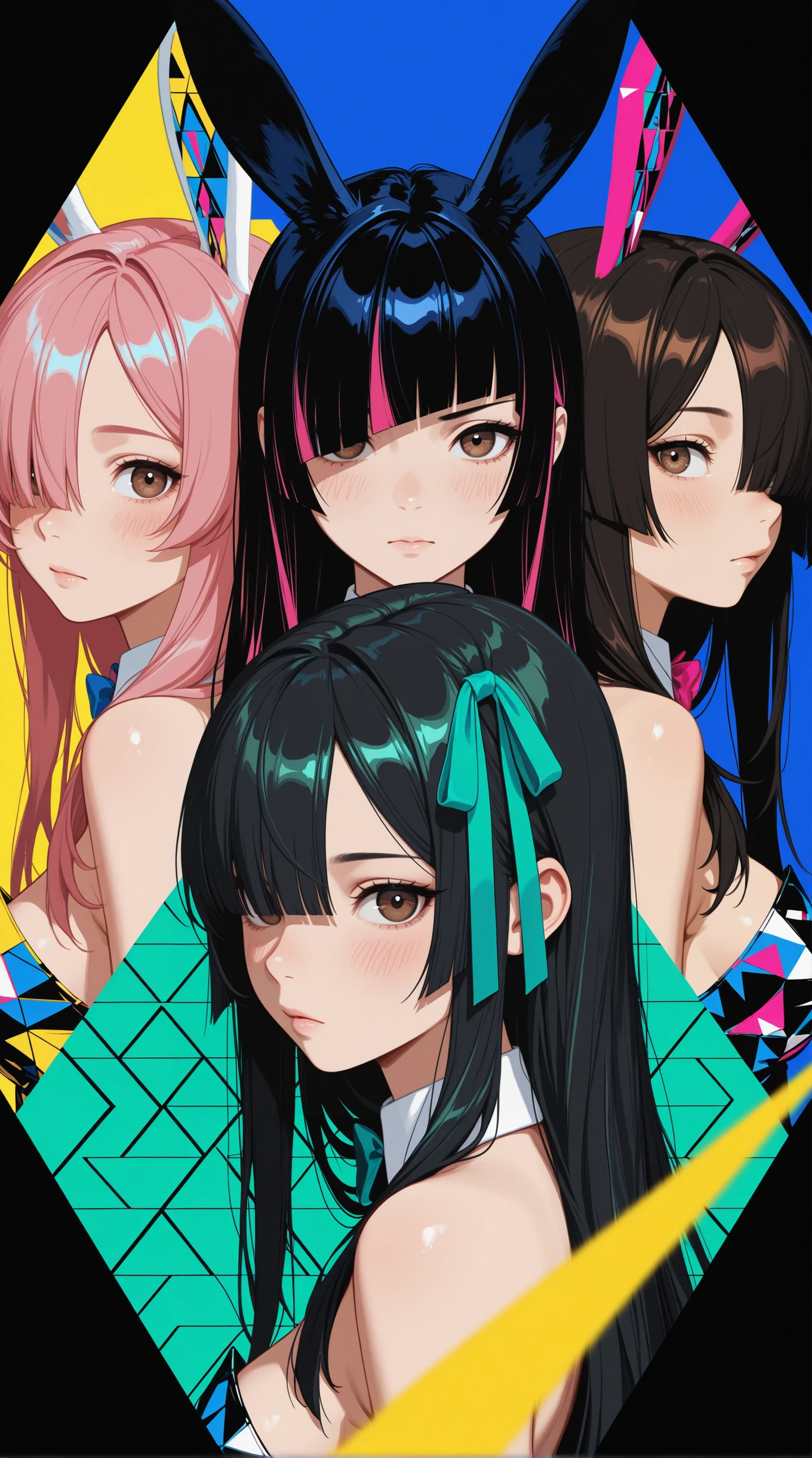high_quality, highres, detailed, masterpiece, best quality, absurdres, vivid colors, geometric fragments, abstract patterns, woman, blue, green, yellow, black_hair, pink hair, hair over eye, long hair, brown eye, simple background, dynamic view, looking at viewer, face_focus, side view, bunny ears, blush, motion, glitch_art, moody lighting, ribbon in hair, zigzag bangs, walking, over-the-shoulder,