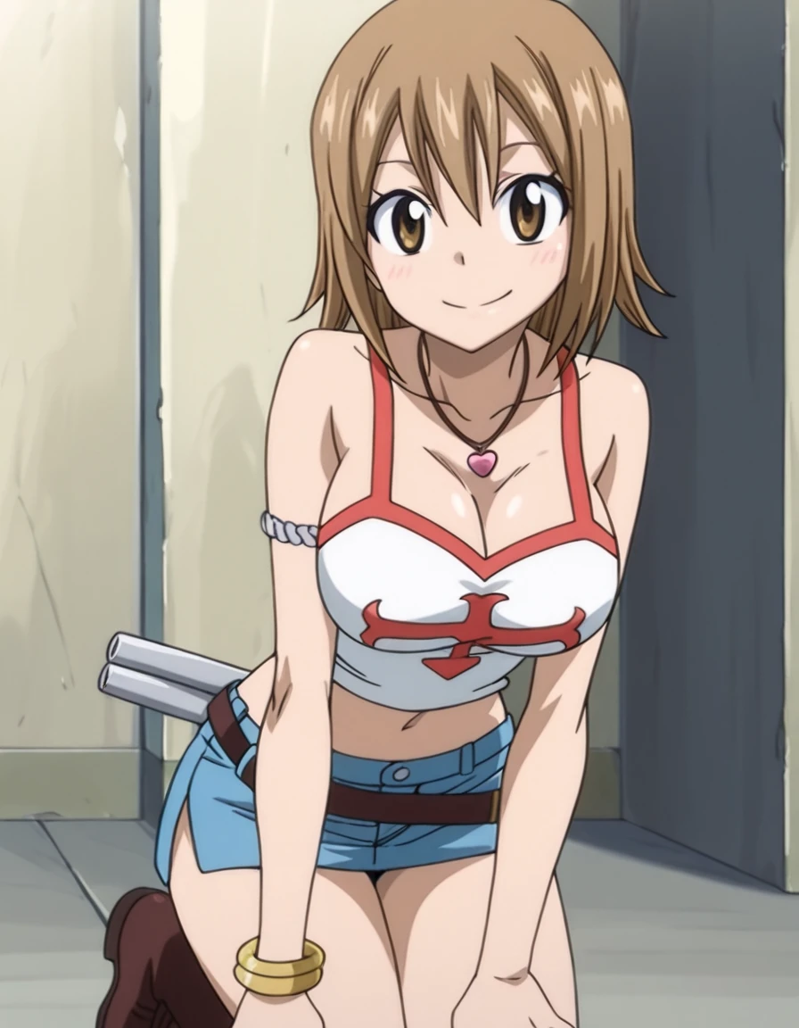 masterpiece, high quality cg, anime, illustration, best quality, 1girl, ellie, solo, short hair, large breasts, brown hair, navel, cleavage, brown eyes, jewelry, midriff, belt, necklace, bracelet, crop top, tank top, hotpants, brown boots,, sit, sitting, on floor, sit on floor, full body, full body shot, <lora:Ellie:1>, nice hands,  <lora:GoodHands-vanilla:1>