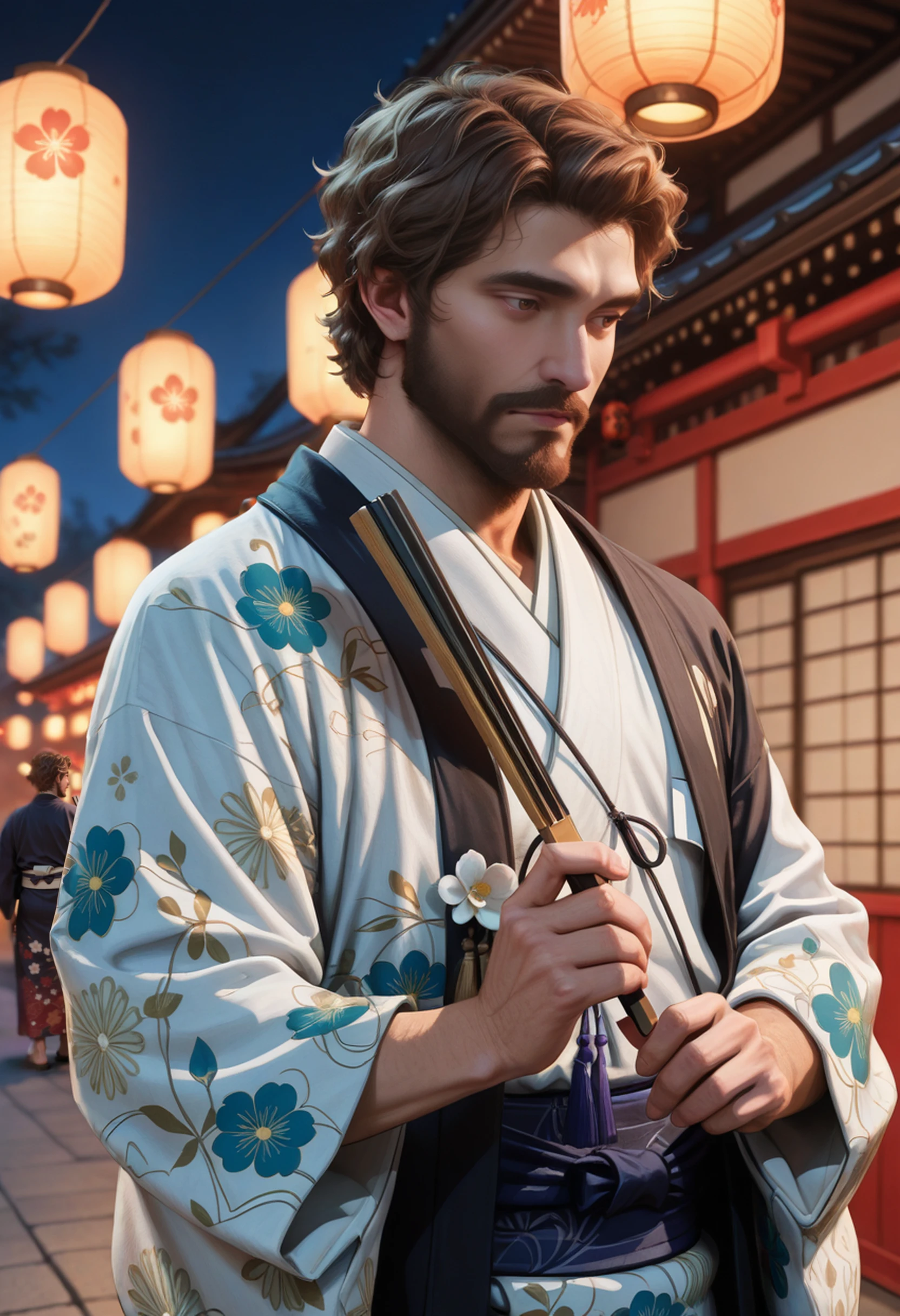 masterpiece, very aesthetic, best quality, absurdres, newest,
<lora:ILE3Gustav:1.0>
E3Gustav, 1boy, male focus, short hair, brown hair, brown eyes, beard, male focus, japanese clothes, white kimono, hand fan, holding fan, upper body, sash, floral print, obi, paper lantern, white flower, folding fan, closed mouth, long sleeves, night, folded fan, blurry background, outdoors, wide sleeves, print kimono, depth of field, shiny