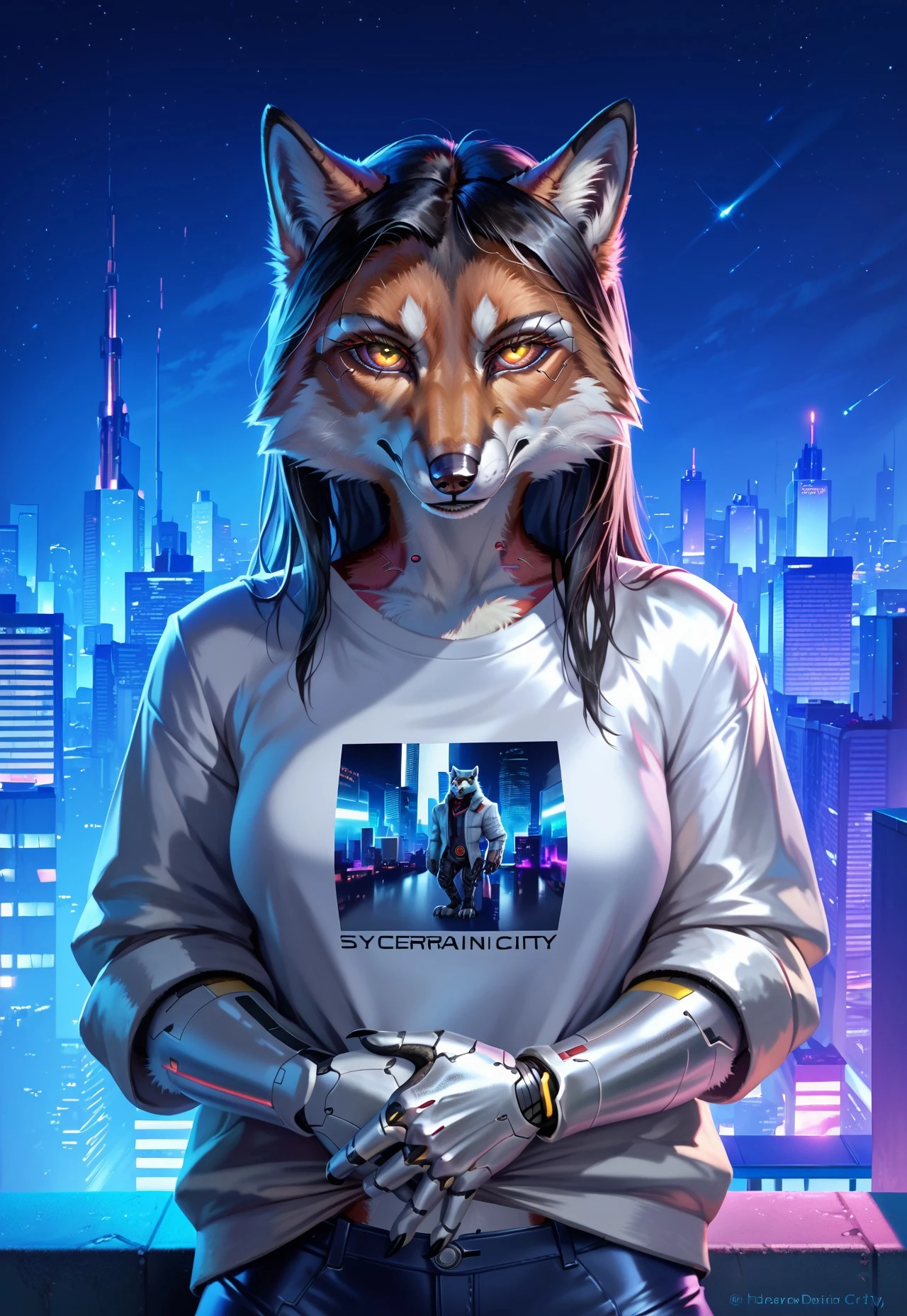 score_9, score_8_up, score_7_up, score_6_up, photorealistic, epiCPhotoGasm-colorfulPhoto, Realistic, highres, super high resolution, 8k, photo, furry, Furry, anthro, fur, wolf, female, long black hair, implants, implant eye, robot, furry, window, cyberpunk, night, cyber city, cyberpunk city, metallic eye, metallic arm, metallic fur, robot, jacket, silver jacket, thin body, T-shirt, night, roof, roofs, implanted hand, roof, city, cyberpunk city, cyberpunk, realistic, detailed, detailed fur,