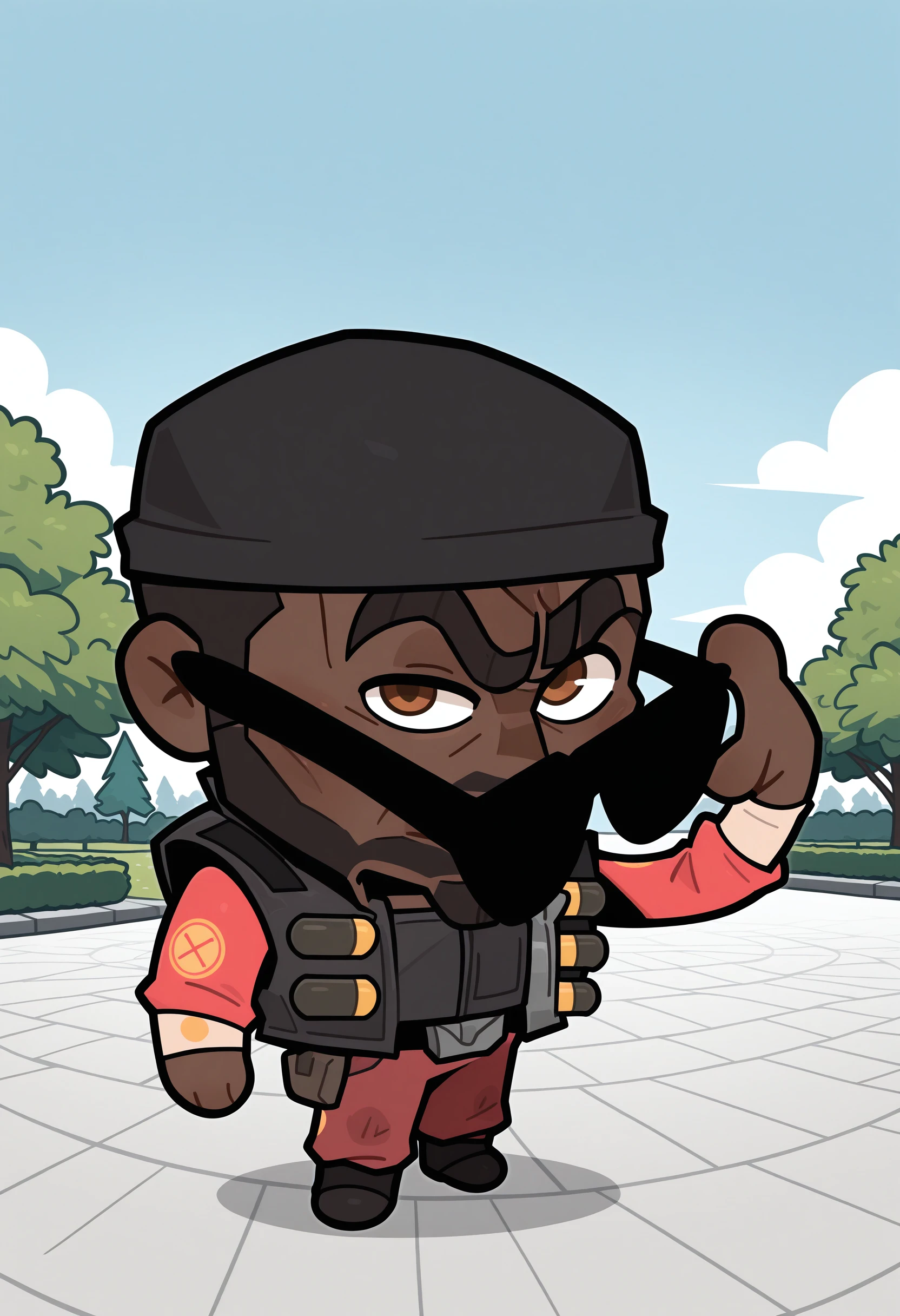<lora:demoman_Illustrious_Mlaofmd-10:1.0>, <lora:sus-guy-il:1.0>, masterpiece, best quality, newest, absurdres, highres, perfect anatomy, 1boy, demotf2, brown eyes, black hat, weapon, solo, male focus, gun, eyepatch, red shirt, vest, black vest, red pants, dark skin, dark-skinned male, bandana, facial hair, beard, mikus-concept, sunglasses, standing, confident pose, raised eyebrow, chibi, looking at viewer, park, detailed background