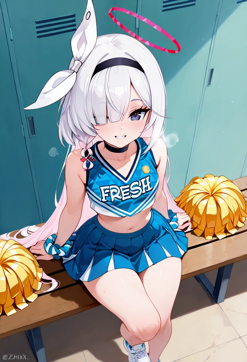 masterpiece, best quality, solo, curvy, beautiful eyes,  narrow waist, wide , zzPlana, grey eyes, white hair, bangs, braid, ribbon, halo, hair over one eye, black choker, bow hairband, hairband,  dynamic angle, foreshortening, close up, smile, looking at viewer,   ,       <lora:PlanaBlueArchiveIXL:1.0>, [After Practice Pep], Classic cheerleader uniform with crop top and pleated miniskirt, matching sneakers, scrunchie in hair, Sitting on a locker room bench, legs crossed, catching her breath post-routine, surrounded by open lockers and the scent of fresh sweat and hairspray.