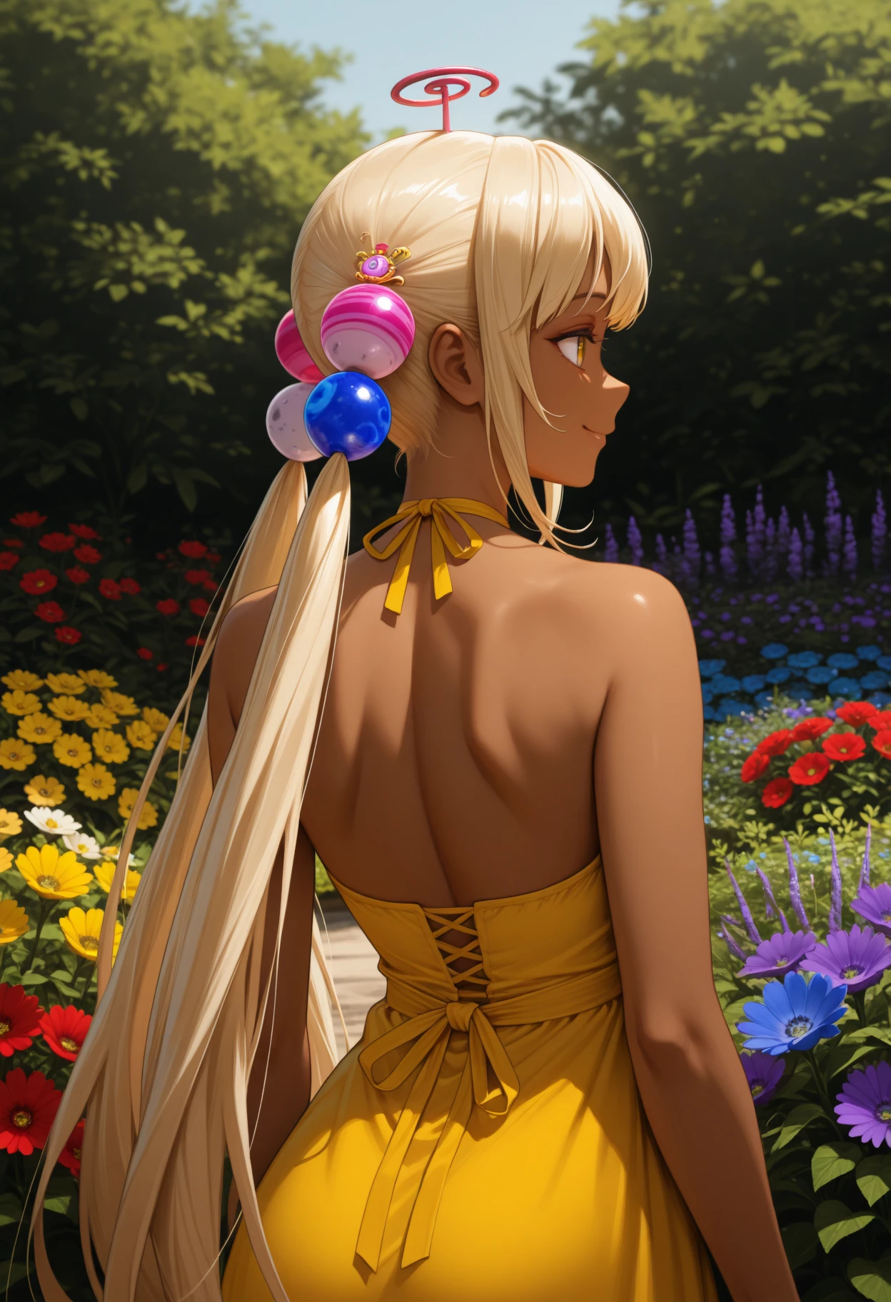 masterpiece, best quality, 1girl, solo, S4n4, dark skin, yellow eyes, blonde hair, very long hair, twintails, planet hair ornament, limiter, from behind, outdoors, garden, flower, red flower, blue flower, purple flower, yellow flower, looking back, yellow sundress, shoulder blades, sleeveless, smile, <lora:ChamTsukumoSanaNoob:1>