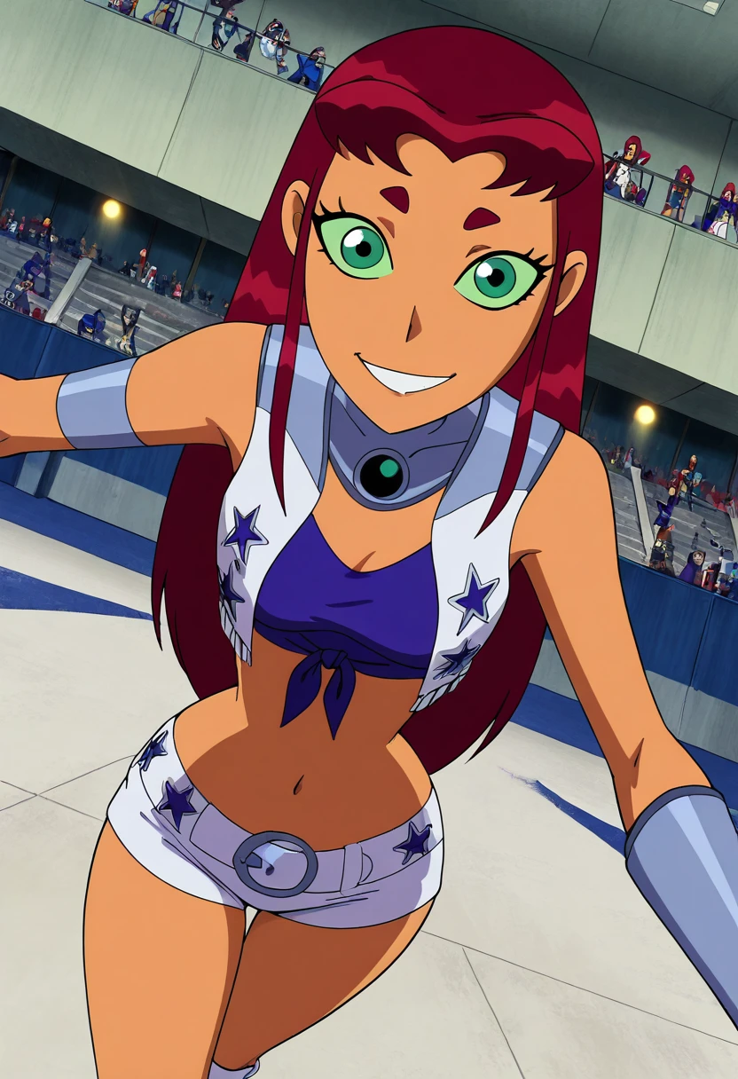 ohxw, star12, red hair, green eyes, cheerleader outfit, bare legs, tennis shoes full body, football field, outside, cartoon, 2d, skirt lift, white panties, hands holding up skirt, underwear showing, upskirt view