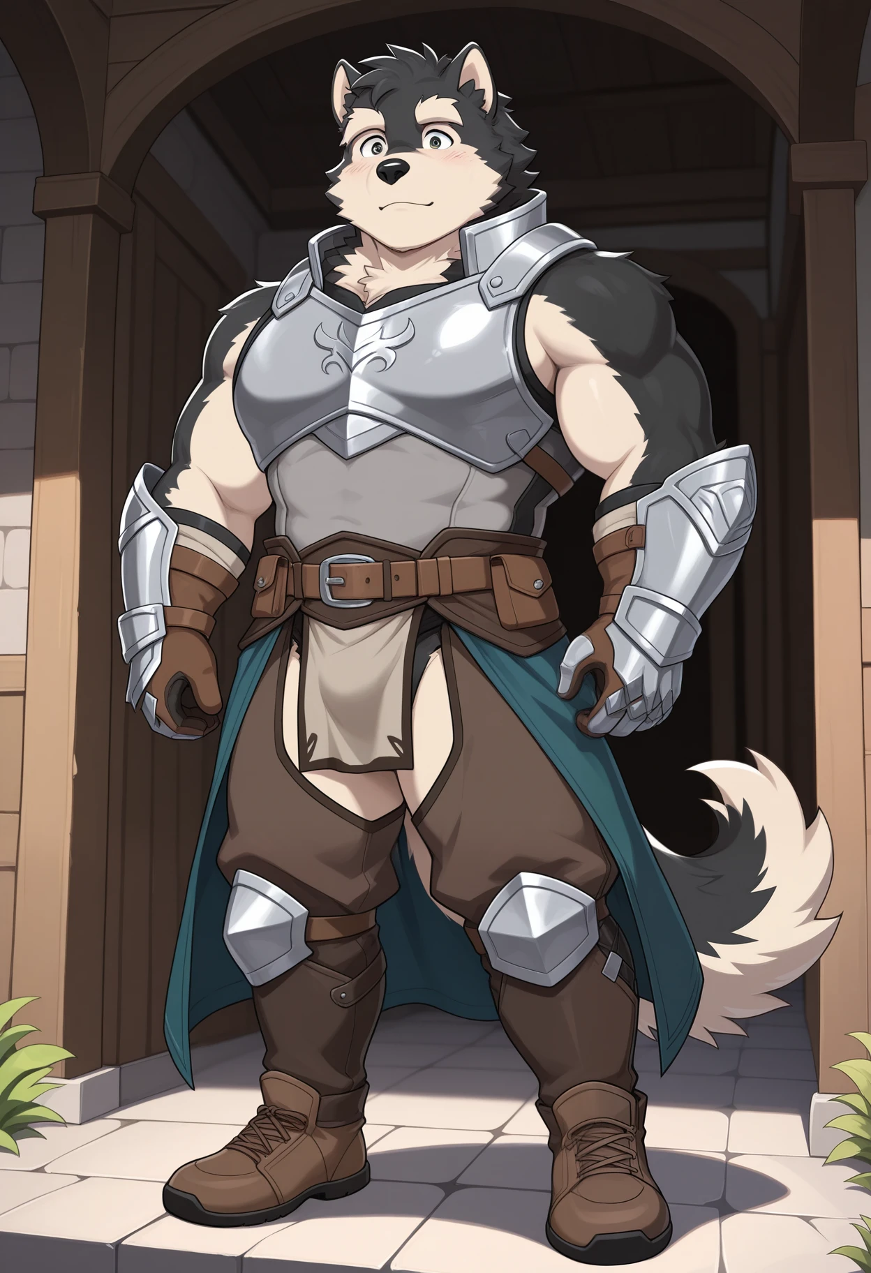 Top Quality, High-quality illustrations, the beautiful depiction of light seen in Vermeer's works, the intricate portrayal of muscles found in Michelangelo's works are highly admired, masterpiece, Dark Fantasy, Castle, Gatekeeper, absurdres, Perfect Anatomy(kemono, Beastman, Solo Focus, bulge in the crotch area) (Anthro,Horse Facial Features, Horse Body Features, Dense and Detailed Muscles)Full Body, Fighting Pose, Armor, Spear, Medieval Warrior, dense sweat,