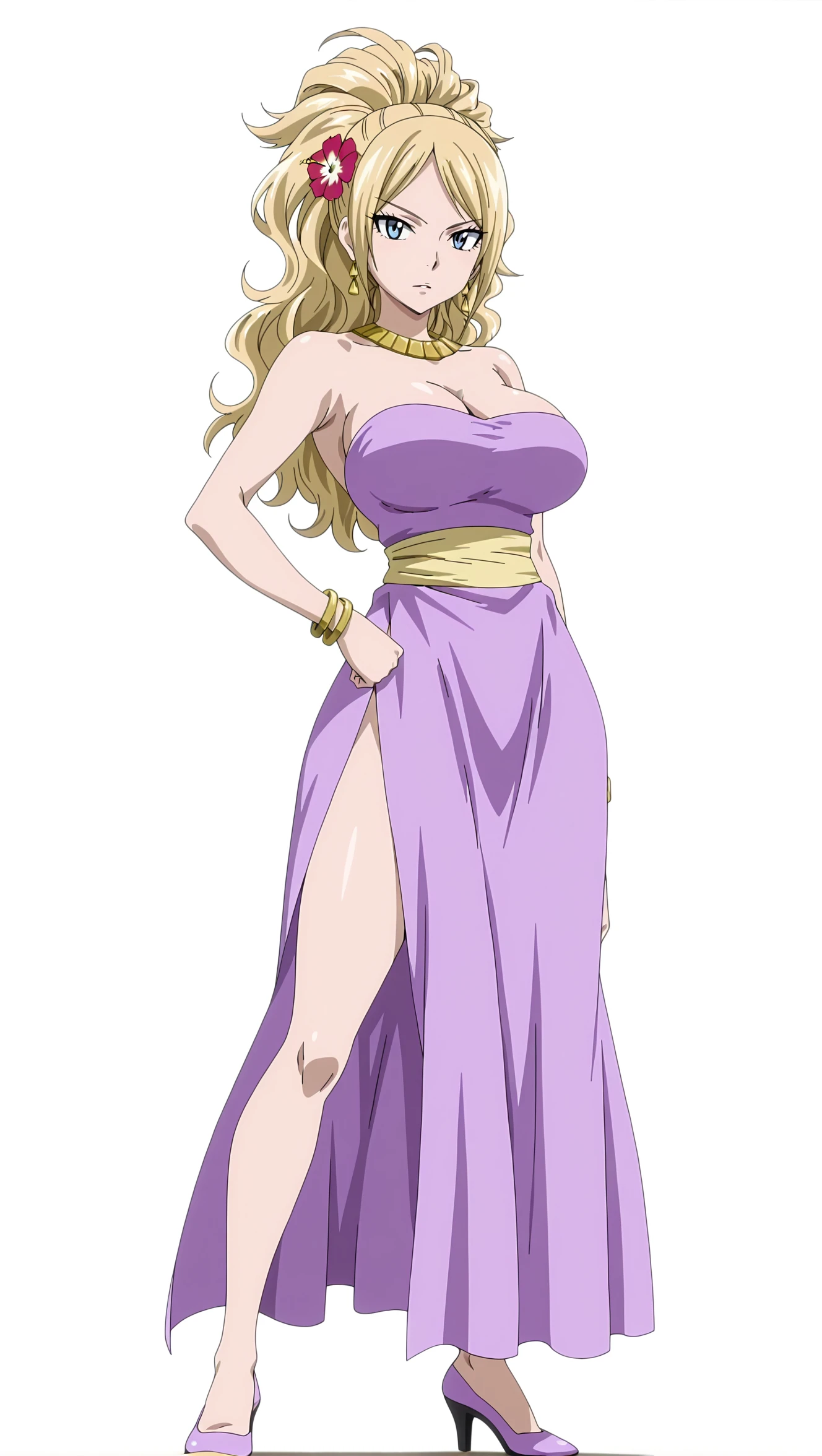 ((plain background:1.2)) ((1girl)) full body, standing, elf, mature, detailed happy face, purple eyes, blonde hair, black and white bikini (cow print bikini) abs, big knockers, golden chain collar, stomach tattoo (red tattoo under belly button) (navel) whole body, 1solo (girl), slave fighter, loincloth standing, hands on hips, metal sandals, choker, big belt, looking to viewer, view from below, cow boy shot, far shoot, feet together, bracers, tiara
