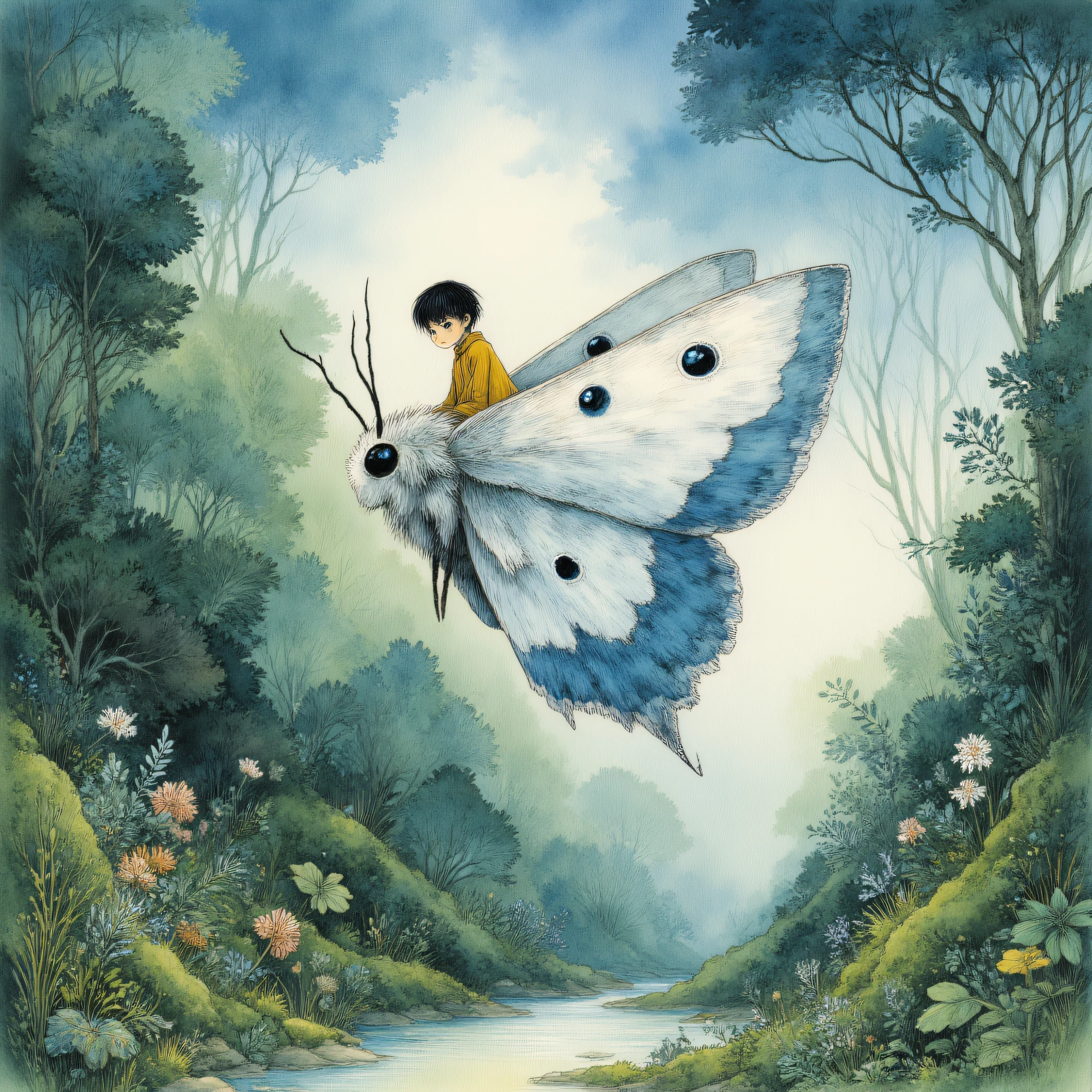 Studio Ghibli Dark Fairytale, The image is an illustration of a large moth flying over a lush green forest. The moth is white with blue spots and has a large head with two antennae on its head. It is flying over the forest floor which is covered in plants and trees. The background is filled with tall trees and shrubs and there is a small stream running through the bottom of the image. The sky is blue with white clouds and the overall mood of the illustration is peaceful and serene. A person wearing a yellow jacket is sitting on top of the moth looking up at it with a curious expression., nature, antennae, flower, traditional media, outdoors, painting (medium), wings, bug, tree, animal