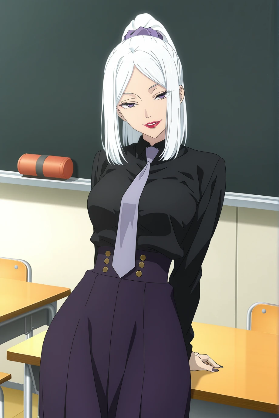 absurdres, masterpiece, best quality, very aesthetic, 1girl, solo,
<lora:MeiMei-IL-v1-08:0.9>, ChopioMeiMei, white hair, looking at viewer,
anime coloring, medium breasts, purple nails, long fingernails, wide hips,
medium hair, high ponytail, sidelocks, hair scrunchie, parted bangs, purple eyes, red lipstick,
outfit_2, black shirt, shirt tucked in, necktie, purple skirt, high-waist skirt, long skirt,
school, classroom, blackboard, table, leaning back, arms behind back, seductive smile, parted lips, teeth,