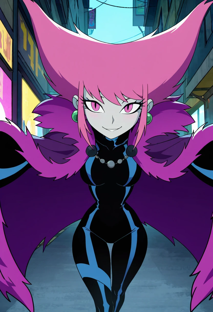 NyaNya,   1girl, solo, pink eyes, pink hair, pink skin, long hair, cat ears, pink sclera, cat tail, claws,  slit pupils, pink lips, whisker markings, pink leotard, fangs, bare shoulders, choker, black leggings, room, cape, cloak