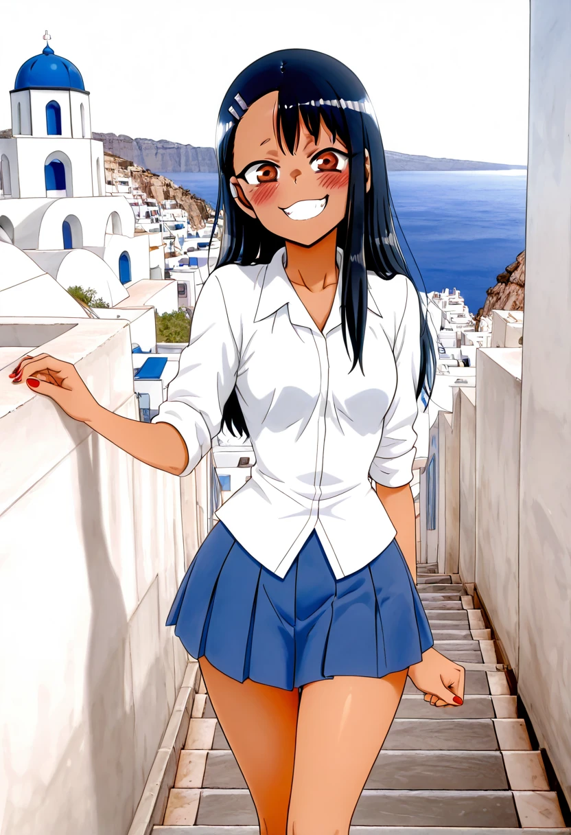 masterpiece, best quality, medium breasts, (curvy), narrow waist, BREAK, zzNagatoro, skirt, shirt, school uniform, white shirt, pleated skirt, nail polish, blue skirt, red nails, earclip, <lora:NagatoroNAI:0.8>,smile, looking at viewer, cowboy shot, zzSantorini, ,<lora:SantoriniBuildings_IXL_v1:0.8>,