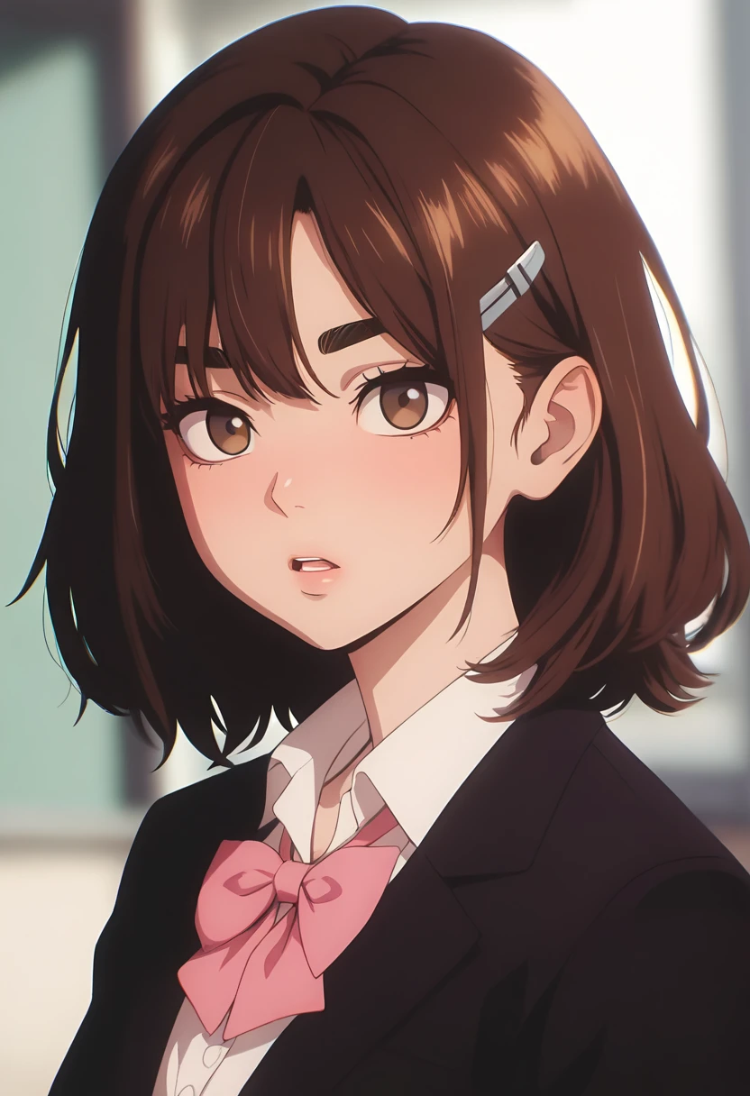 masterpiece, best quality, amazing quality, LDSCH, aesthetic, 1girl, solo, looking at viewer, open mouth, short hair, shirt, brown hair, hair ornament, bow, brown eyes, jacket, school uniform, white shirt, parted lips, teeth, collared shirt, hairclip, medium hair, bowtie, blurry, black jacket, eyelashes, lips, blurry background, thick eyebrows, portrait, pink bow, hair behind ear, pink bowtie