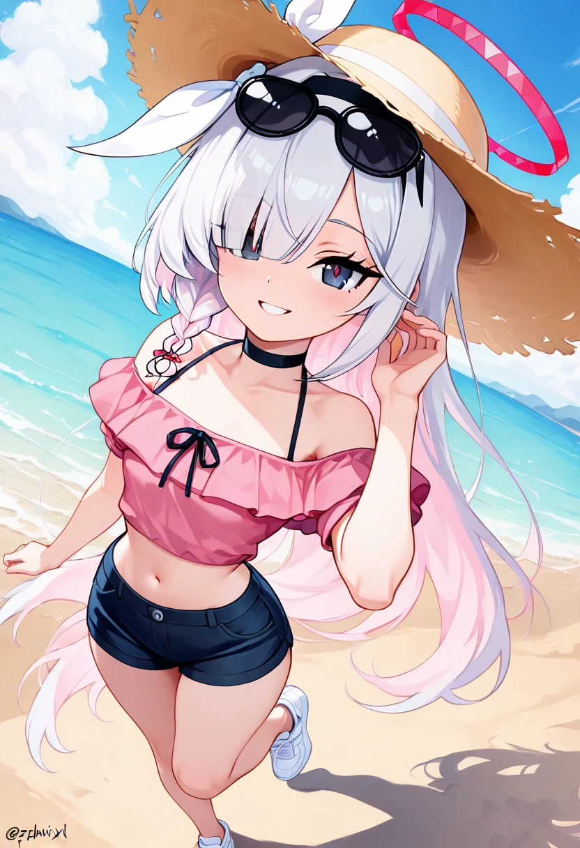 masterpiece, best quality, solo, curvy, beautiful eyes,  narrow waist, wide , zzPlana, grey eyes, white hair, bangs, braid, ribbon, halo, hair over one eye, black choker, bow hairband, hairband,  dynamic angle, foreshortening, close up, smile, looking at viewer,   ,       <lora:PlanaBlueArchiveIXL:1.0>, [Retro Summer Vibes], Pink shirt, short shorts, oversized sunglasses, white sneakers, straw hat, Walking along a lively beach boardwalk with ocean breeze and soft sand underfoot; bright summer sun enhances the retro aesthetic.