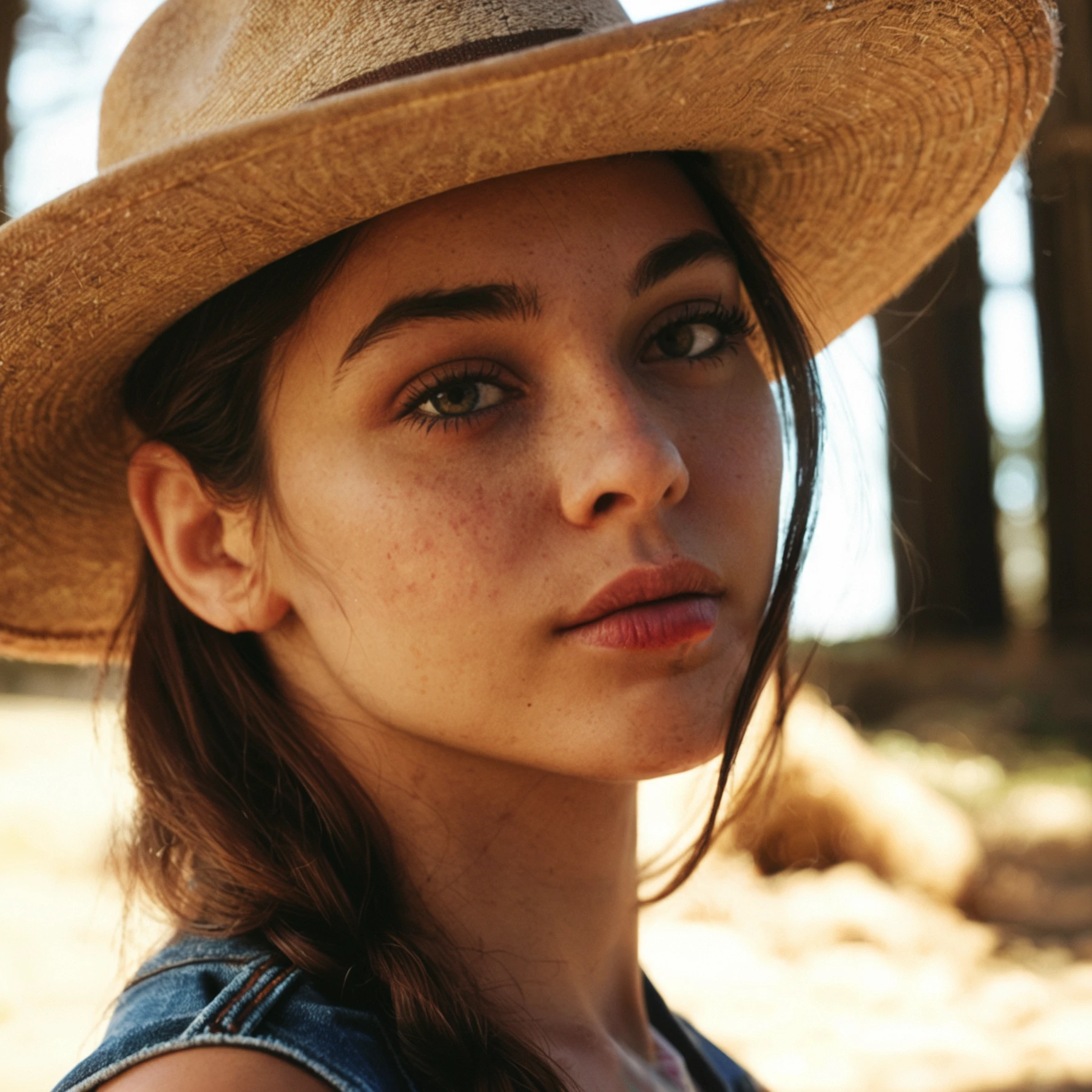photographie d'une belle femme nue, (expression faciale troublée), peau texturée, cheveux longs bruns, chemise en flanelle à carreaux avec un jean boyfriend vieilli, chapeau de cow-boy, grotte sombre et mystérieuse avec des formations rocheuses uniques et des merveilles cachées, yeux parfaits, (aux chandelles,clair-obscur), Support 160 couleurs, tourné sur ARRI ALEXA 65, Bokeh, mise au point nette sur le sujet, tourné par Don McCullin