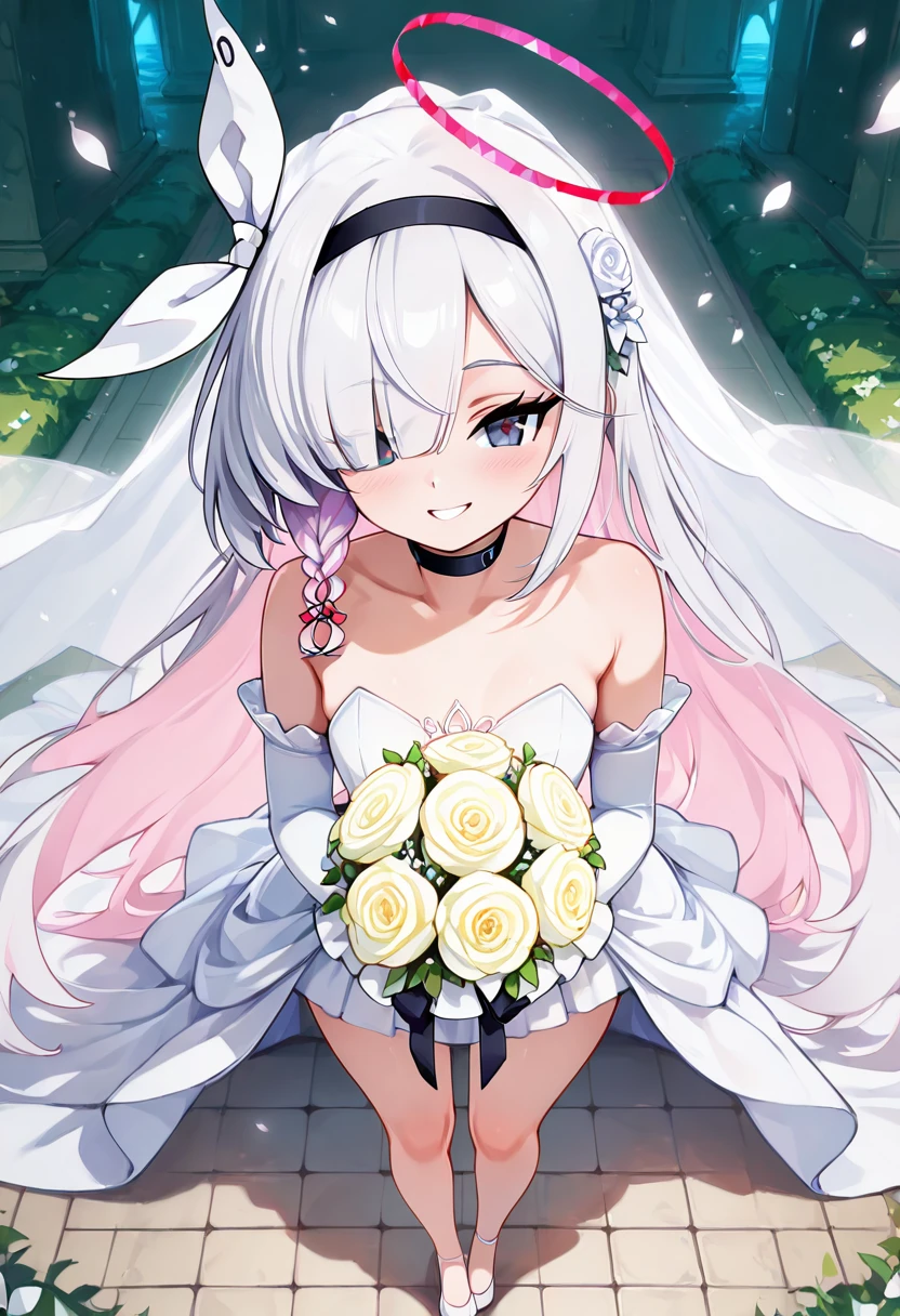 masterpiece, best quality, solo, curvy, beautiful eyes,  narrow waist, wide , zzPlana, grey eyes, white hair, bangs, braid, ribbon, halo, hair over one eye, black choker, bow hairband, hairband,  dynamic angle, foreshortening, close up, smile, looking at viewer,   ,       <lora:PlanaBlueArchiveIXL:1.0>, [Elegant Bridal Moment], Strapless wedding dress, elbow-length gloves, flowing bridal veil, white heels, delicate bouquet, Standing in a sunlit garden aisle, surrounded by soft flower petals and dappled light filtering through trees, radiating grace before the ceremony.