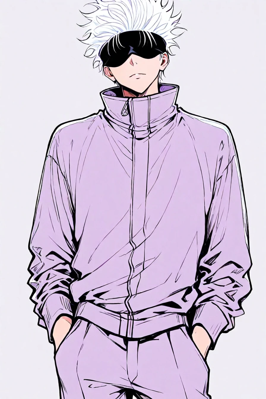 gojou satoru, white hair, purple pants, high collar, blindfold, covered eyes, black blindfold, purple jacket, purple pants, 1boy, solo, alone,<lora:neo_pop_style_illustriousXL_by_zura_janai-000029:1>, neo_pop_style, masterpiece, highres