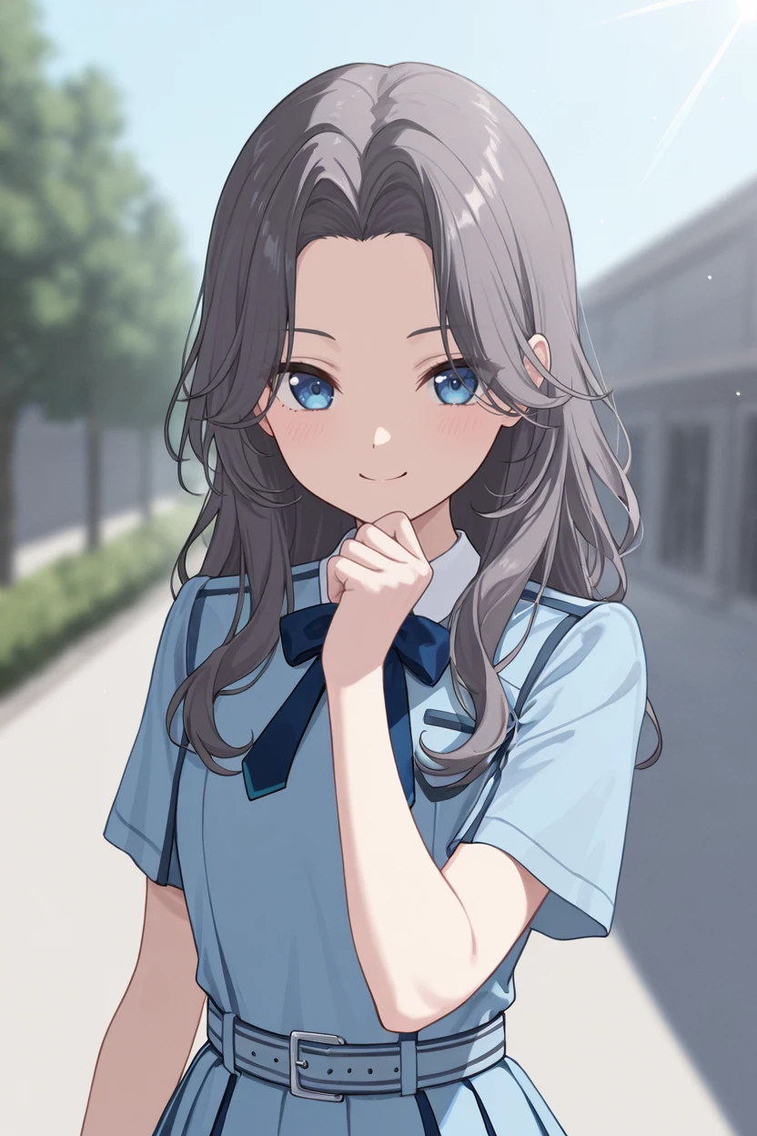 masterpiece, best quality, very aesthetic, newest, absurdres, highres,
1girl, solo,
<lora:BokuWaSonzaiDressIllustriousV1:0.8> bokuwasonzaidress, pleated dress, blue dress, blue bowtie, belt, short sleeves,
upper body, looking at viewer, smile, clenched hand, hand on own chin, blurry background, outdoors, diffraction spikes,
<lora:OriharaSumikaIllustriousV1:1> oriharasumika, long hair, wavy hair, parted bangs, dark grey hair, blue eyes,