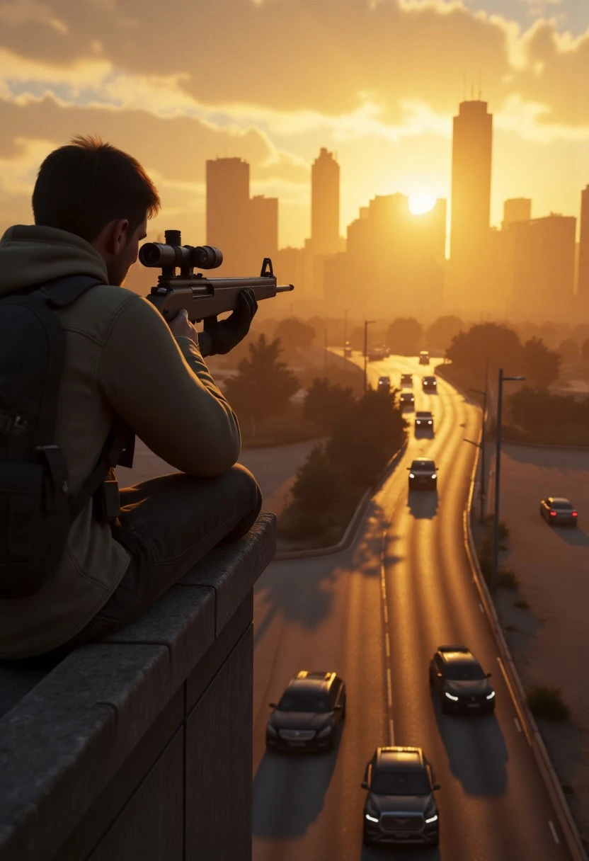 A lone sniper perched on a rooftop at dusk, their rifle trained on a distant convoy of black SUVs speeding down a deserted highway. The cityâs skyline is bathed in the golden light of the setting sun.
, aidmagta6