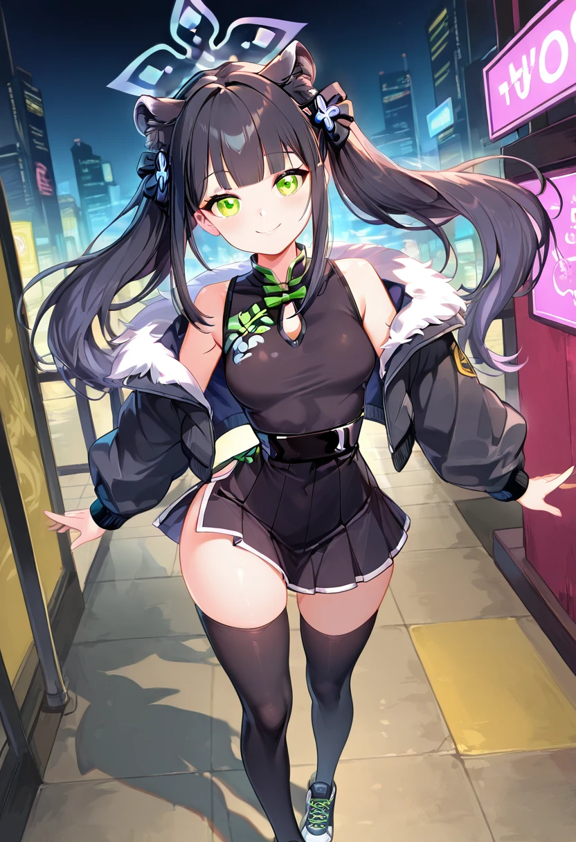 masterpiece, best quality, solo, curvy, beautiful eyes,  narrow waist, wide hips, zzShun, green eyes, black hair, blunt bangs, long hair, animal ears, tiger ears, halo, animal ear fluff, twintails, tiger girl, extra ears,  dynamic angle, foreshortening, close up, smile, looking at viewer,   ,       <lora:ShunBlueArchiveIXL:1.0>, [Neo-Tokyo Night Spin], Bomber jacket, crop top, pleated mini skirt, thigh-high socks, LED sneakers, Dancing under neon kanji signs in a vibrant cyberpunk cityscape filled with music and light.