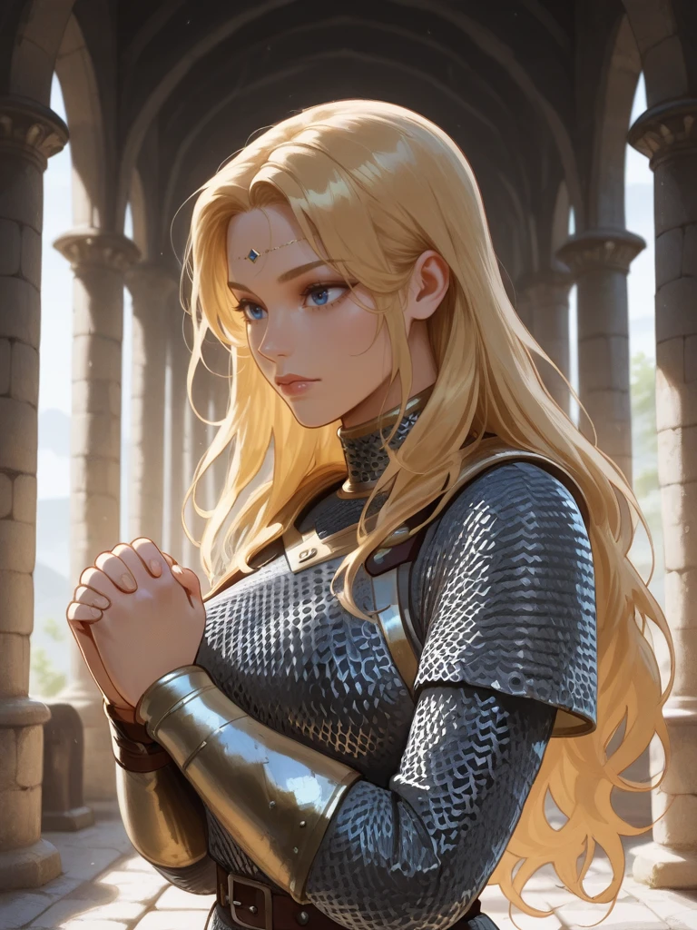 <lora:Aleena__Dungeons__Dragons:0.7>
aleena,,long hair, blonde hair, blue eyes,,
chainmail,
solo, praying in an ancient temple