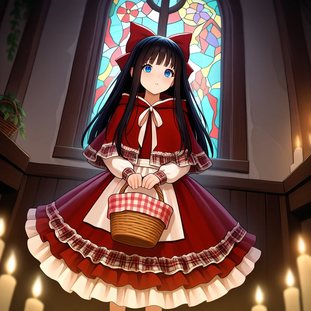 abandoned chapel, broken stained glass, full moonlight through windows, overgrown ivy, fallen candles, misty atmosphere, eerie glow, gothic horror, silent and solemn1girl,<lora:Aya_Drevis(Mad_Father):1>,aya_def,black hair,red hair bow,long hair,blue eyes, masterpiece, best quality, amazing quality, newest, <lora:Red_hood_layered_dress:1>,,Red_hood_layered_dress,dress,red dress,long sleeves,frills,frilled dress,hood,red hood,capelet,red capelet,layered dress, basket,holding basket,