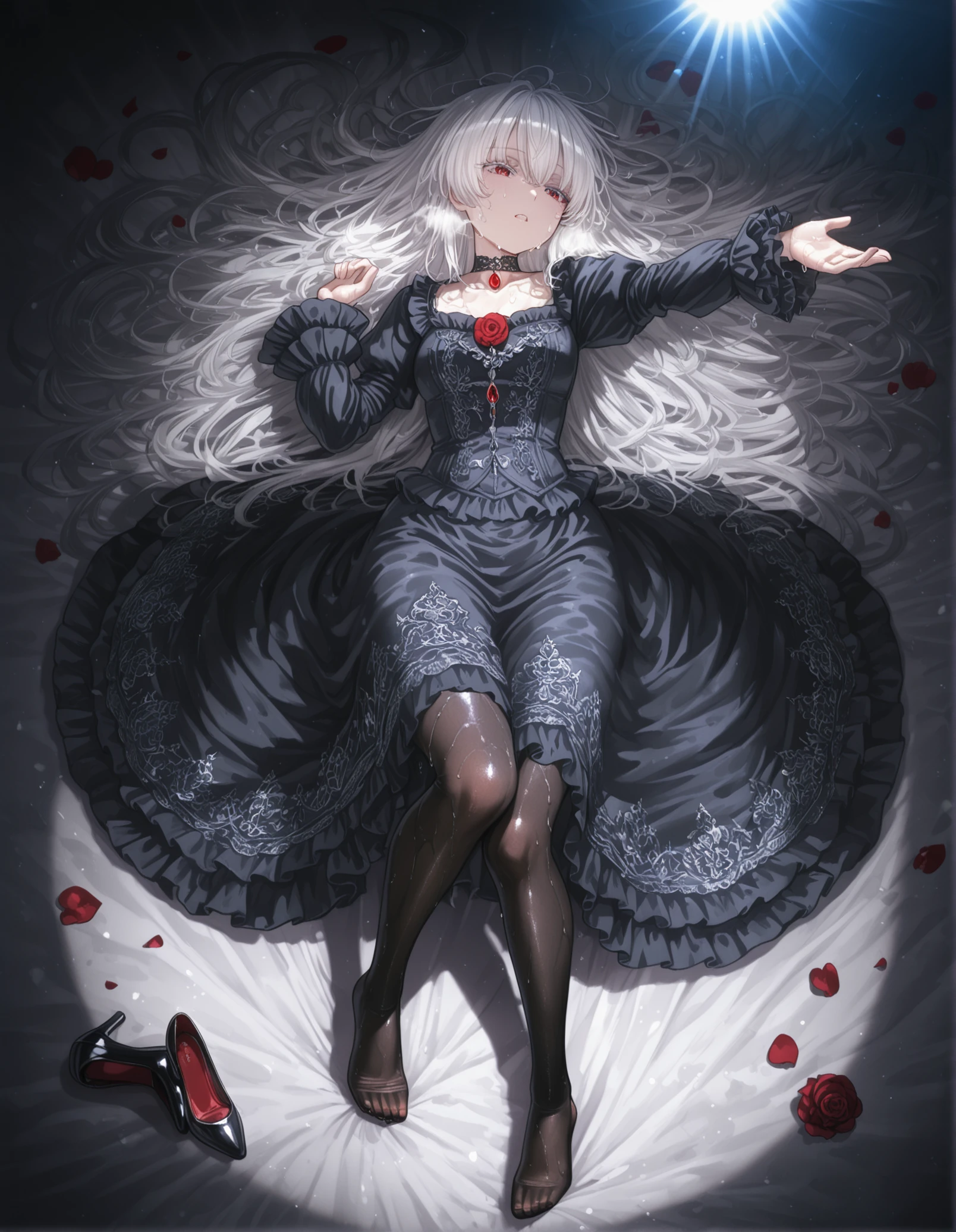 1girl,
white hair, very long hair, red eyes, white eyelashes, (eyelashes:1.1), ornate gothic dress, intricate lace patterns, embroidery details, jewelry, choker with gemstone, frilled sleeves, victorian style, black pantyhose, on back, knees together feet apart, outstretched arm, hand up, full body, messy hair, very sweaty, heavy breathing,
on back, hair spread out, red rose petals, white bed sheet, high heels, unworn shoes, from above,
(spotlight:1.1), (dramatic lighting:1.1), theatrical lighting, colored lighting, rim lighting,
best quality