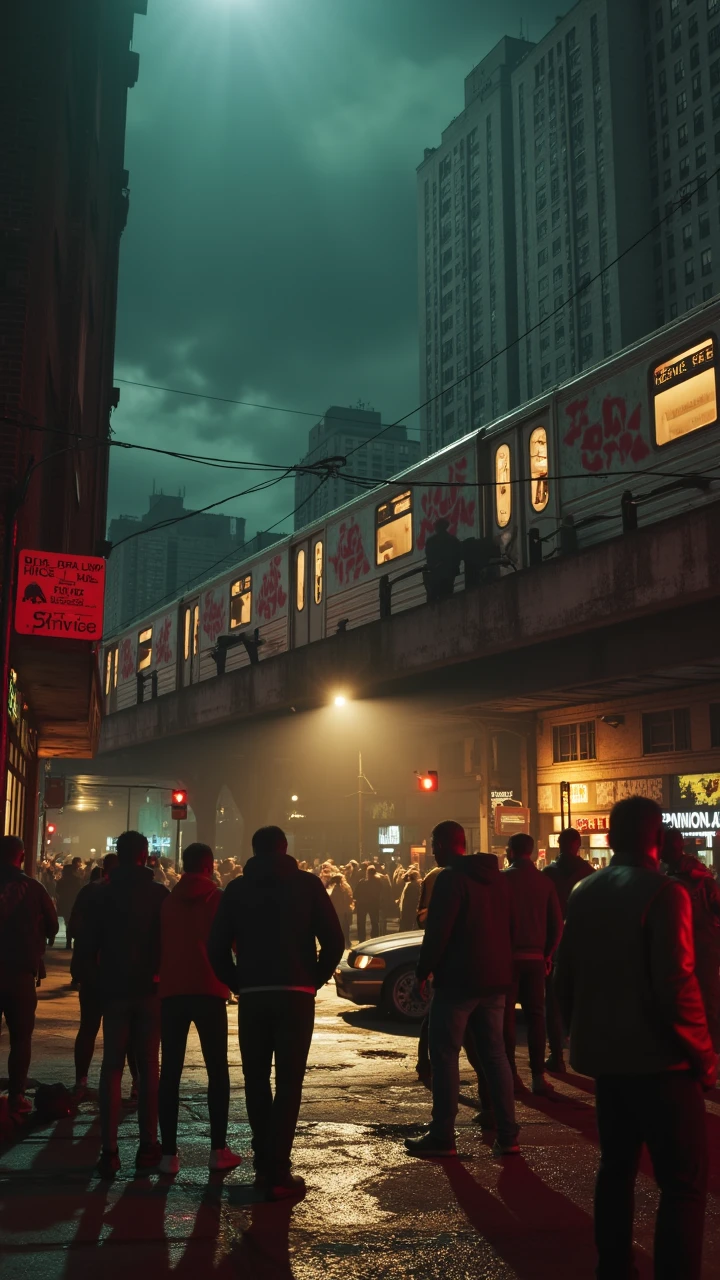 aidmagta6, gritty street fight on a Brooklyn corner during a thunderstorm, tattooed brawlers trade blows under flickering streetlights, spray-painted subway cars roar by on elevated tracks as spectators cheer from rain-slick sidewalks