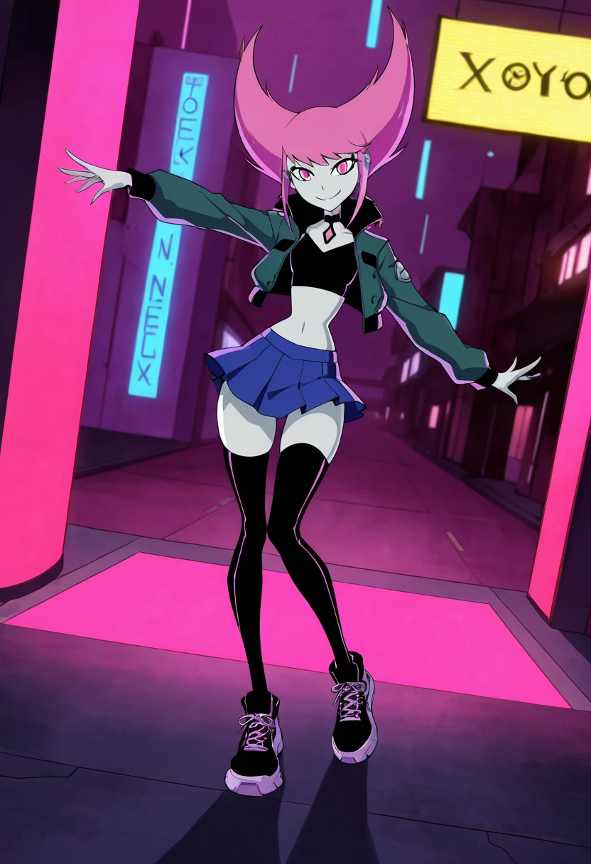 masterpiece, best quality, solo, curvy, beautiful eyes,  narrow waist, wide hips,  jnx, pink eyes, pink hair, grey skin, hair up, pale skin, medium hair, hair horns, short hair, colored skin, smile, looking at viewer,   ,       <lora:JinxTT_IXL:0.8>,   dynamic angle, foreshortening, close up, [Neo-Tokyo Night Spin], Bomber jacket, crop top, pleated mini skirt, thigh-high socks, LED sneakers, Dancing under neon kanji signs in a vibrant cyberpunk cityscape filled with music and light.