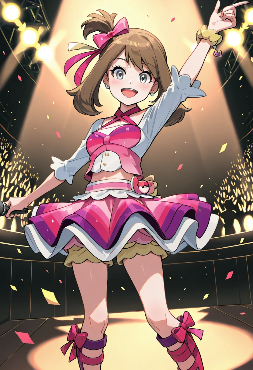 masterpiece, best quality, 1girl, solo, eyelashes, (beautiful eyes), smile, looking at viewer, zzMayIdol, grey eyes, brown hair, medium hair, one side up, hair ribbon, idol outfit, frilled skirt, big bow, jewelry, hair bow, thigh boots, bracelet, stage lights, concert, spotlight, microphone, cheering crowd. On a glowing stage with confetti in the air, zzMayIdol smiles confidently, microphone in hand, her ribbon swaying as she dances beneath the spotlight. <lora:MayContestPokemon_IXL_v2:1.0>,